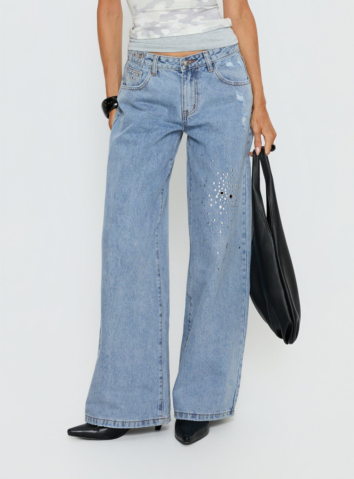 Alternative view of Candi Mid Rise Wide Leg Studded Jeans Light Blue Wash
