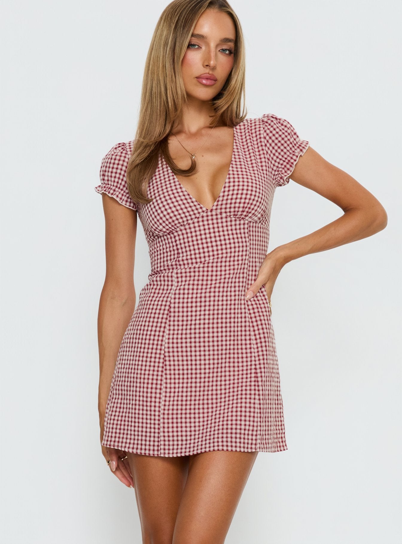 Alternative view of Mystee Plunge Neck Playsuit Burgundy Gingham