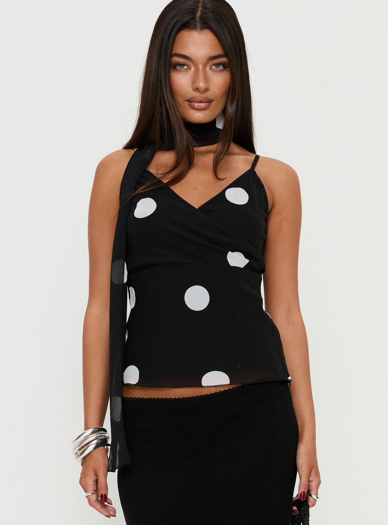 Alternative view of Jenae Scarf Detail Cami Top Black / White Polka