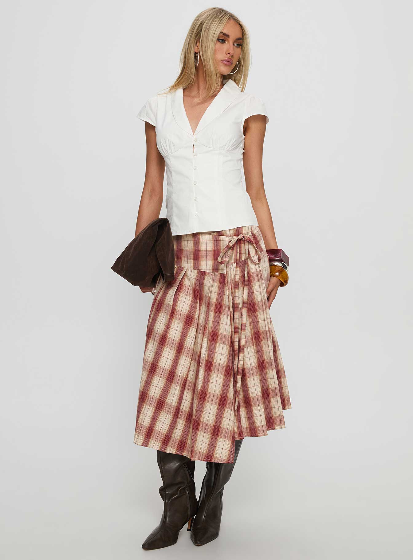 Alternative view of Norie Wrap Pleat Midi Skirt Red Plaid