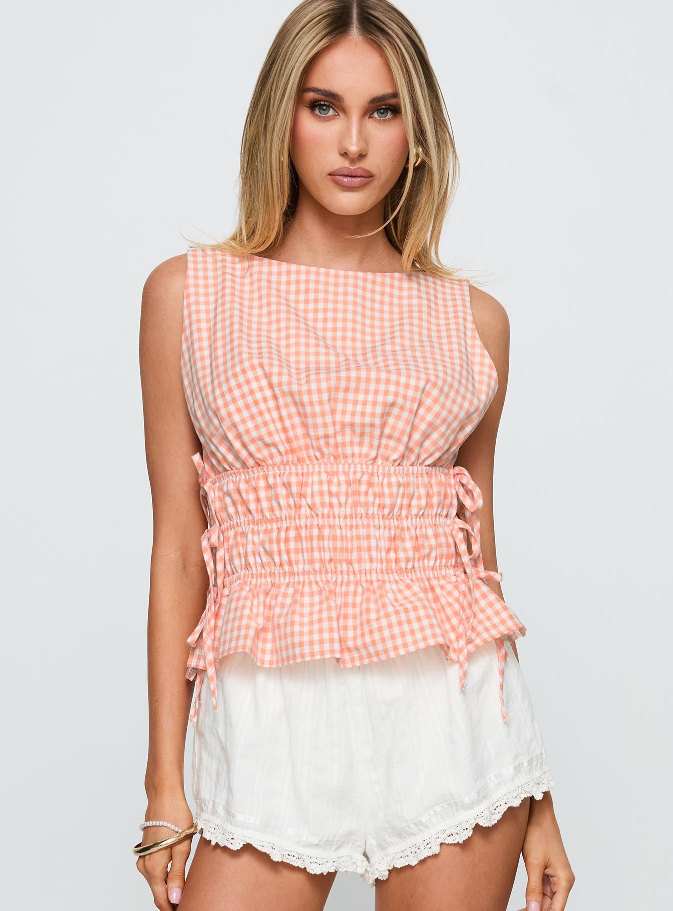Alternative view of Antiqued Tie Side Top Orange Check