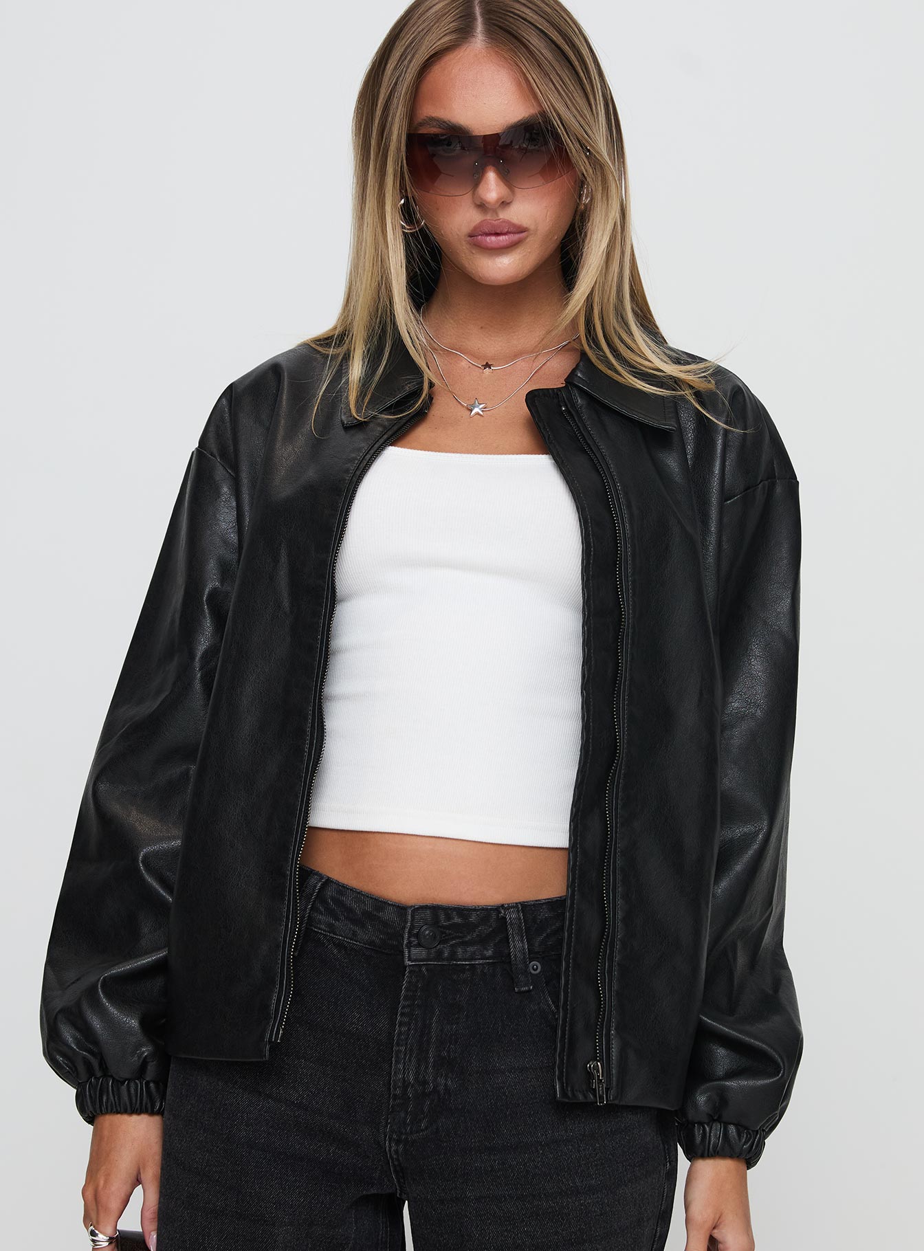 Alternative view of Missed Call Faux Leather Bomber Jacket Black