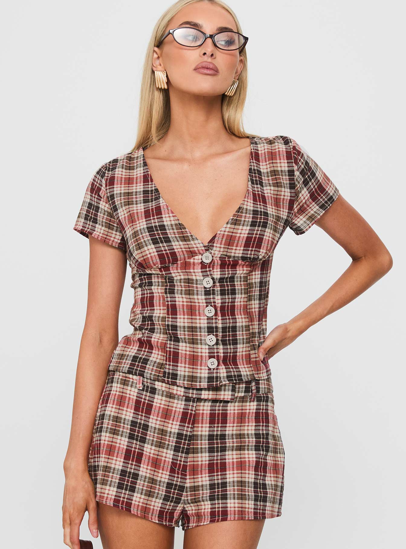Alternative view of Odera Button Up Blouse Top Red Check