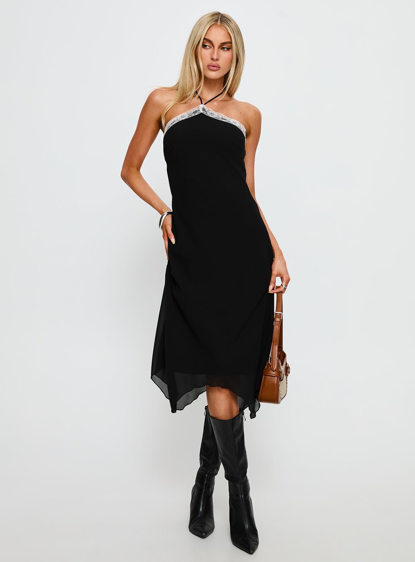 Alternative view of Naila Halter Lace Trim Midi Dress Black