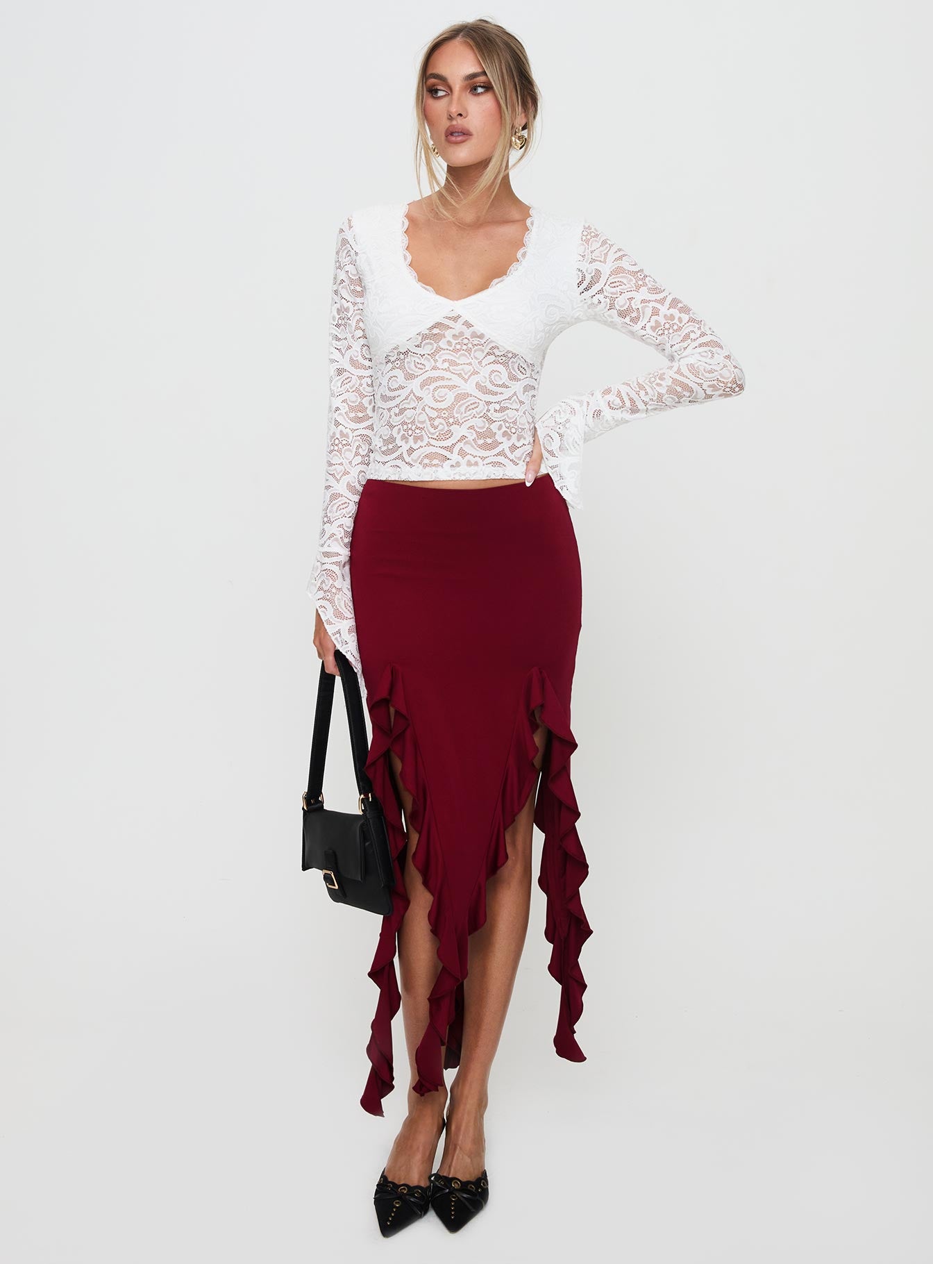Alternative view of Peachey Asymmetric Ruffle Midi Skirt Burgundy