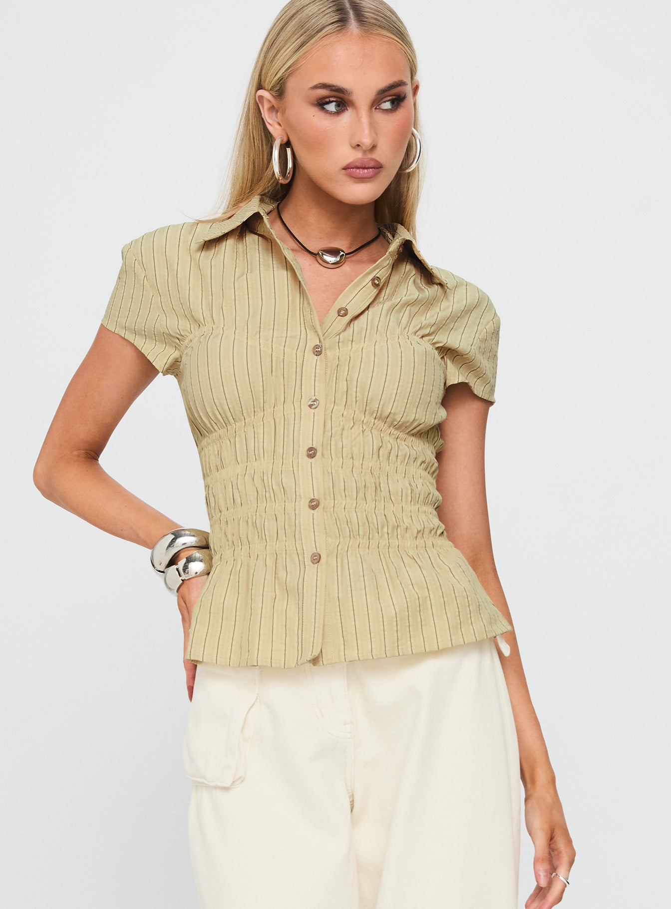 Alternative view of Liesel Shirred Short Sleeve Top Butter Stripe