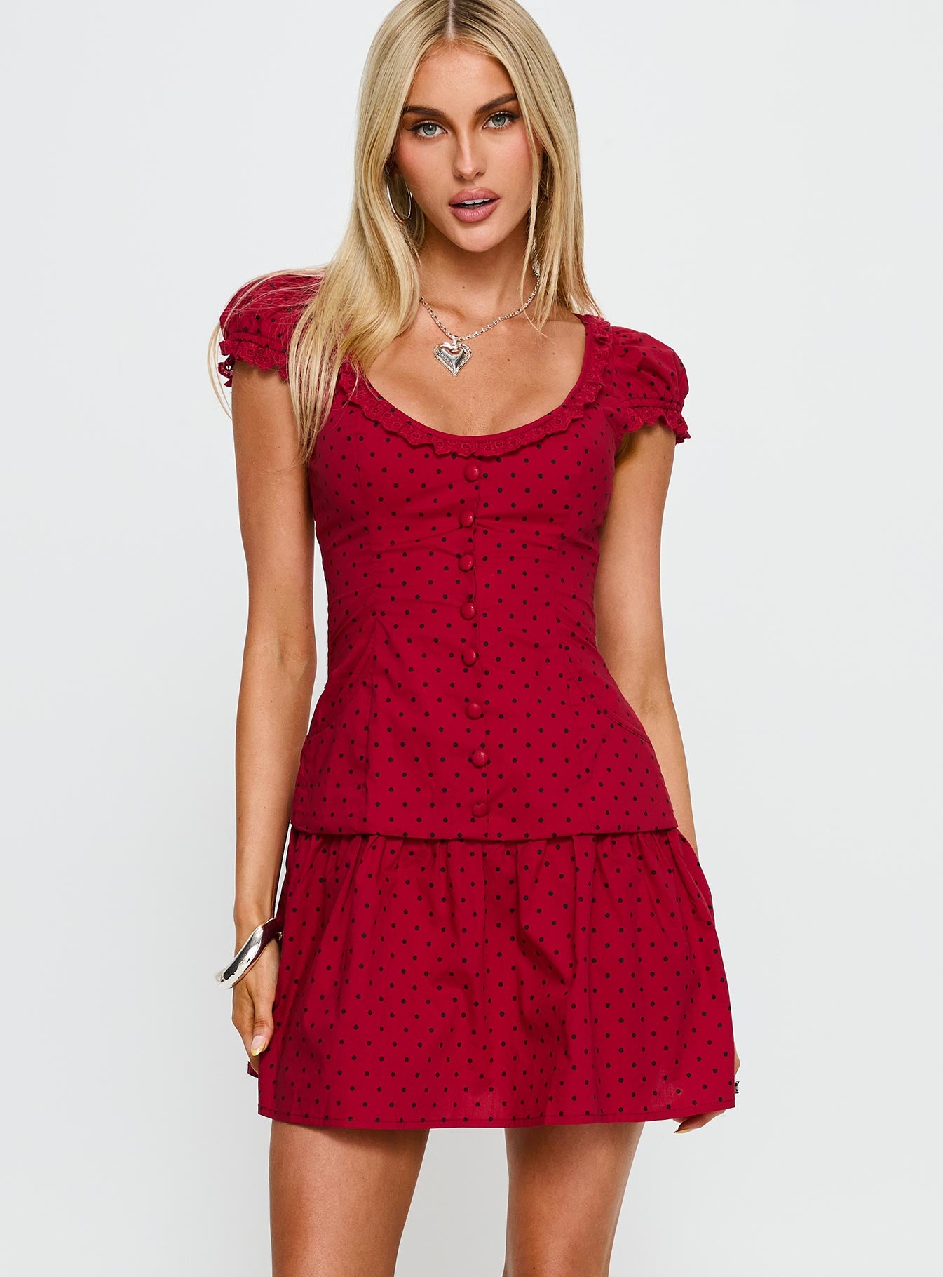 Alternative view of Ottillie Lace Trim Button Down Mini Dress Red Polka Dot