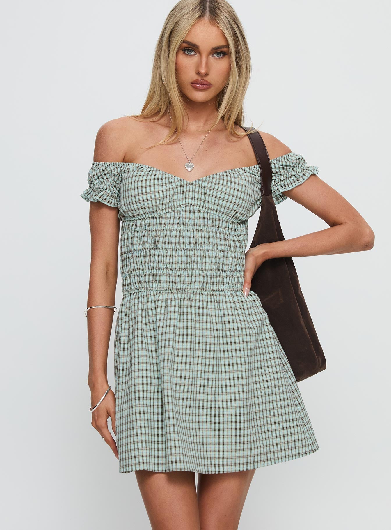 Alternative view of Olwen Ruched Romper Green Check
