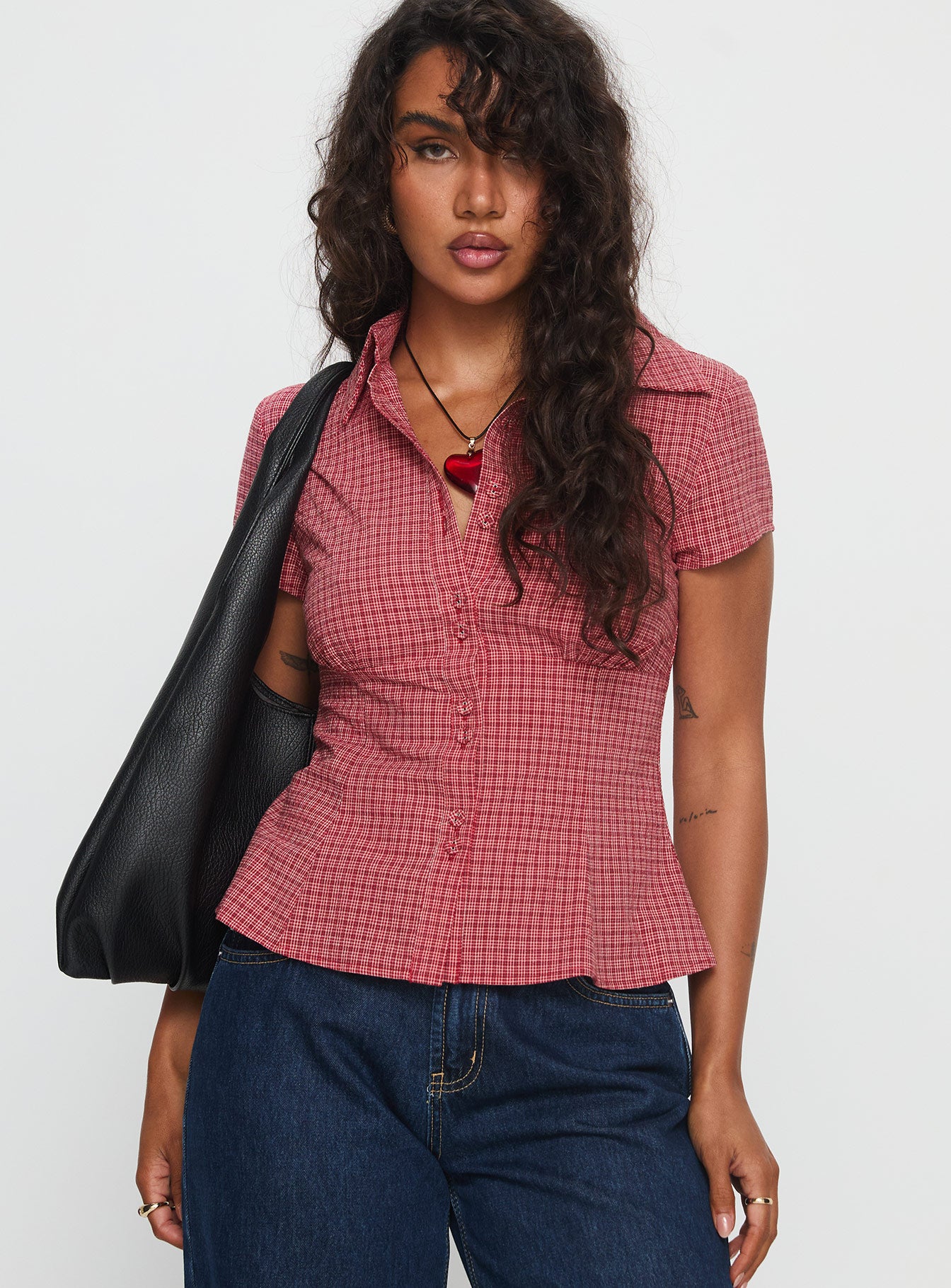 Alternative view of Cottesloe Blouse Top Red Check