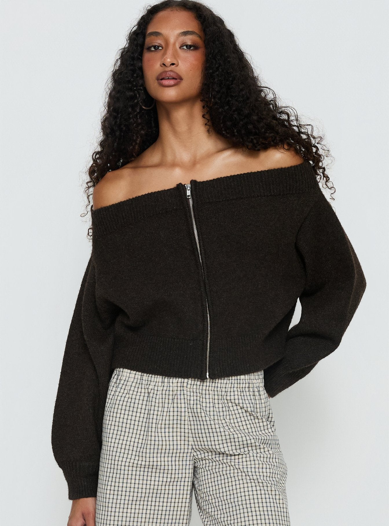 Alternative view of Ortensa Off Shoulder Zip Through Jumper Brown