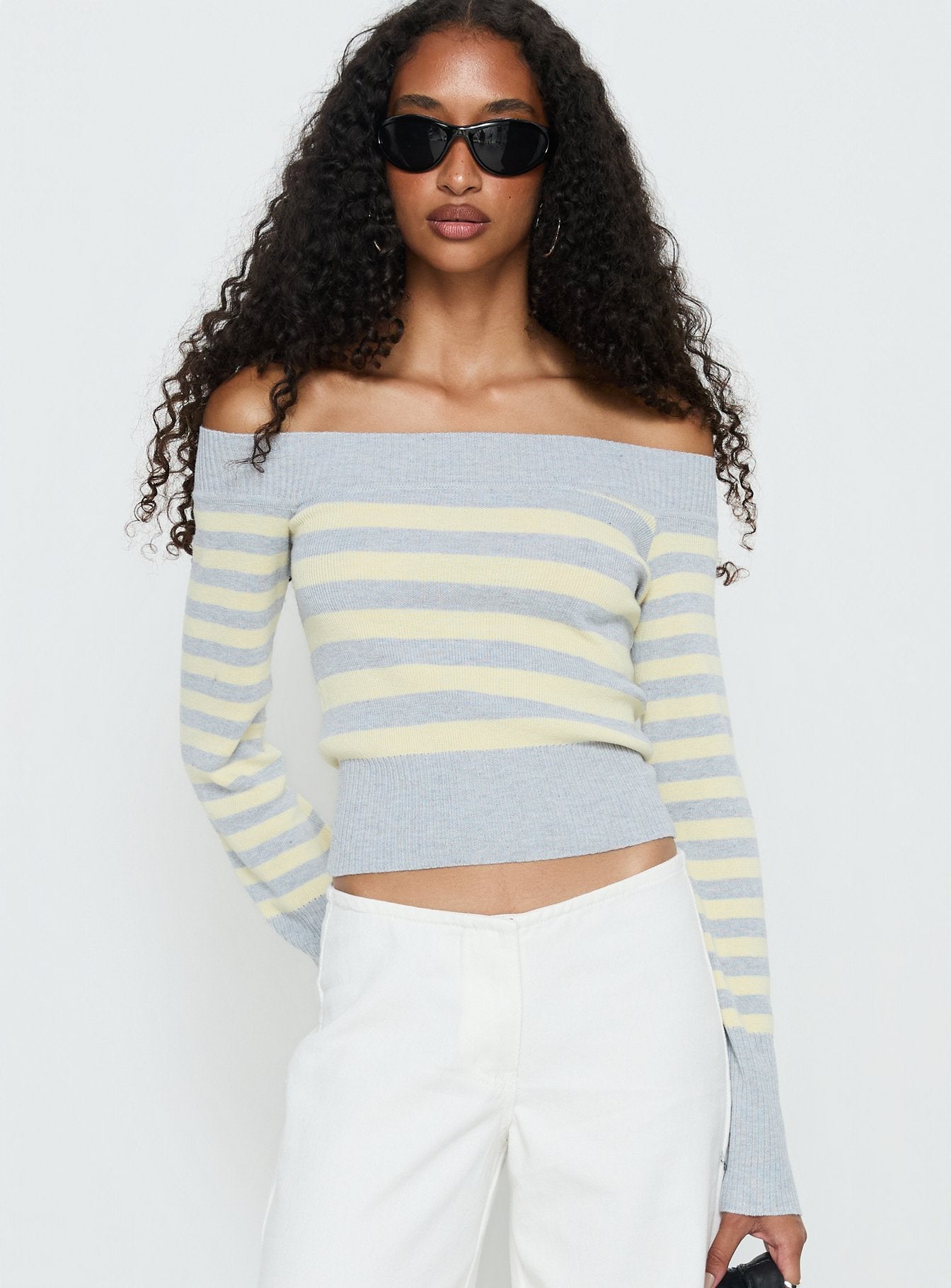 Alternative view of Perrey Long Sleeve Off Shoulder Top Knit Yellow / Grey Stripe
