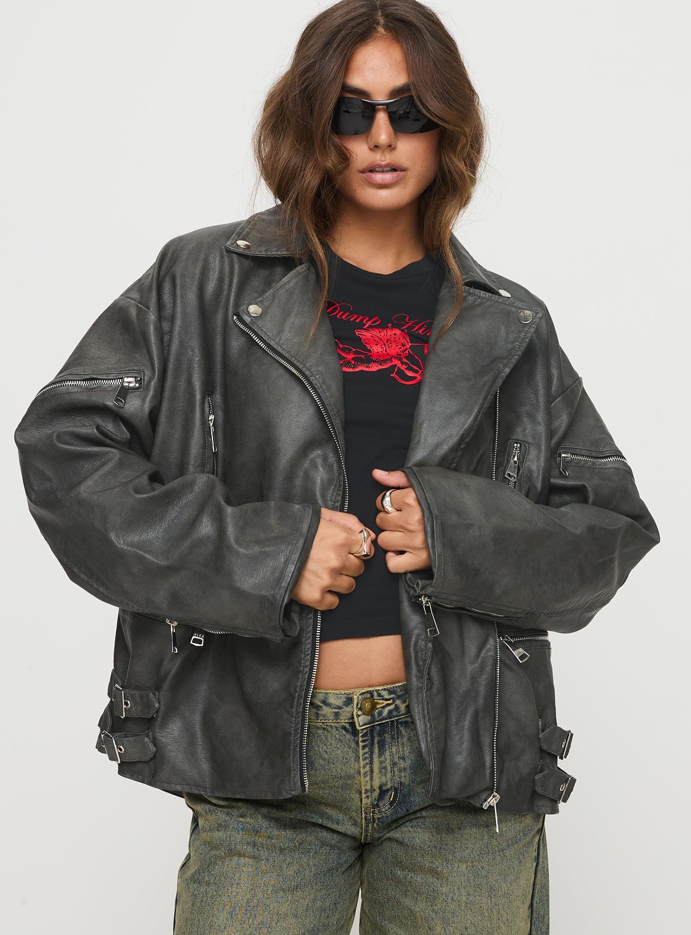 Alternative view of Magnets Faux Leather Jacket Washed Charcoal