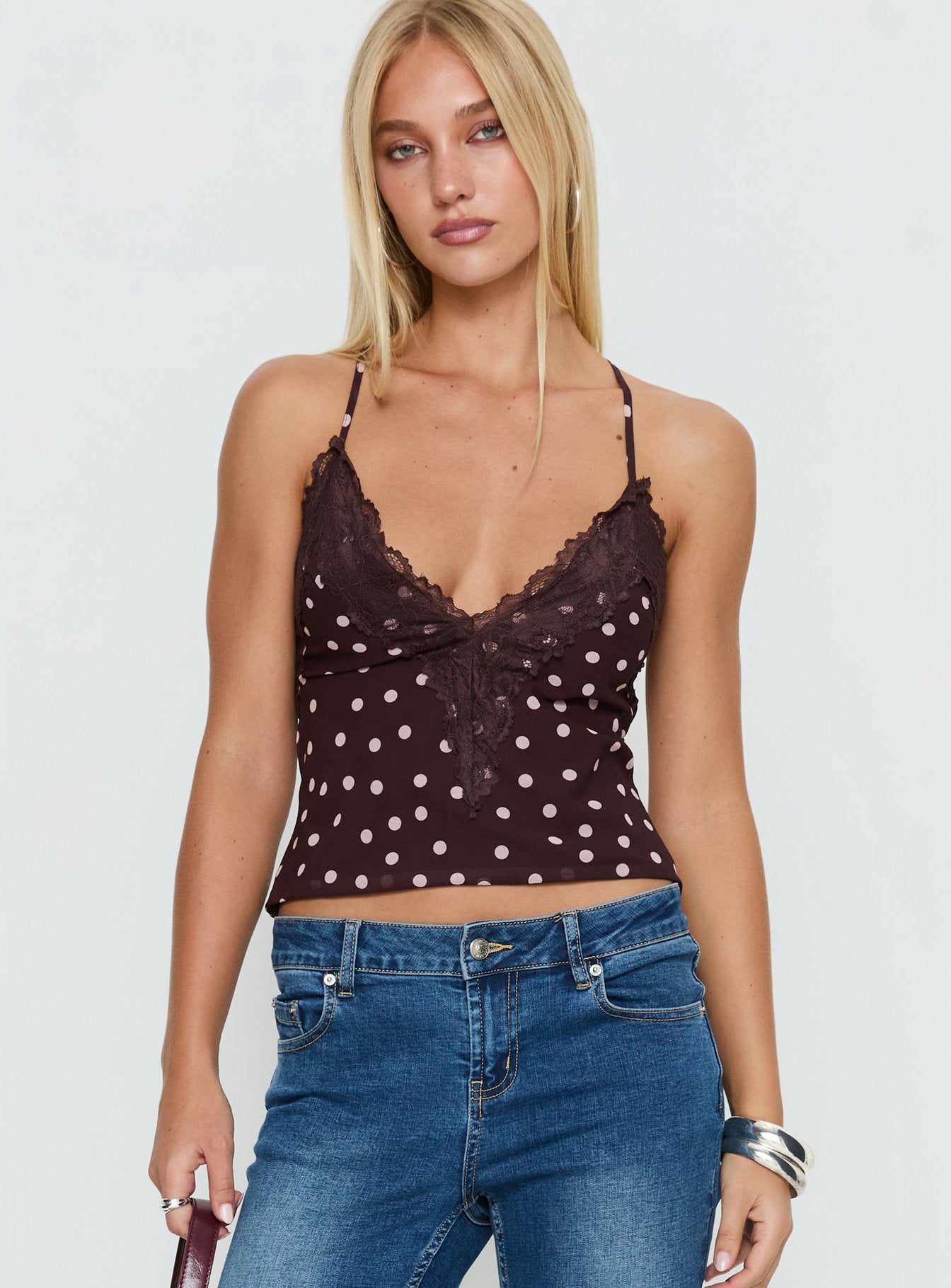 Alternative view of Call My Lover Lace Cami Top Brown Polka