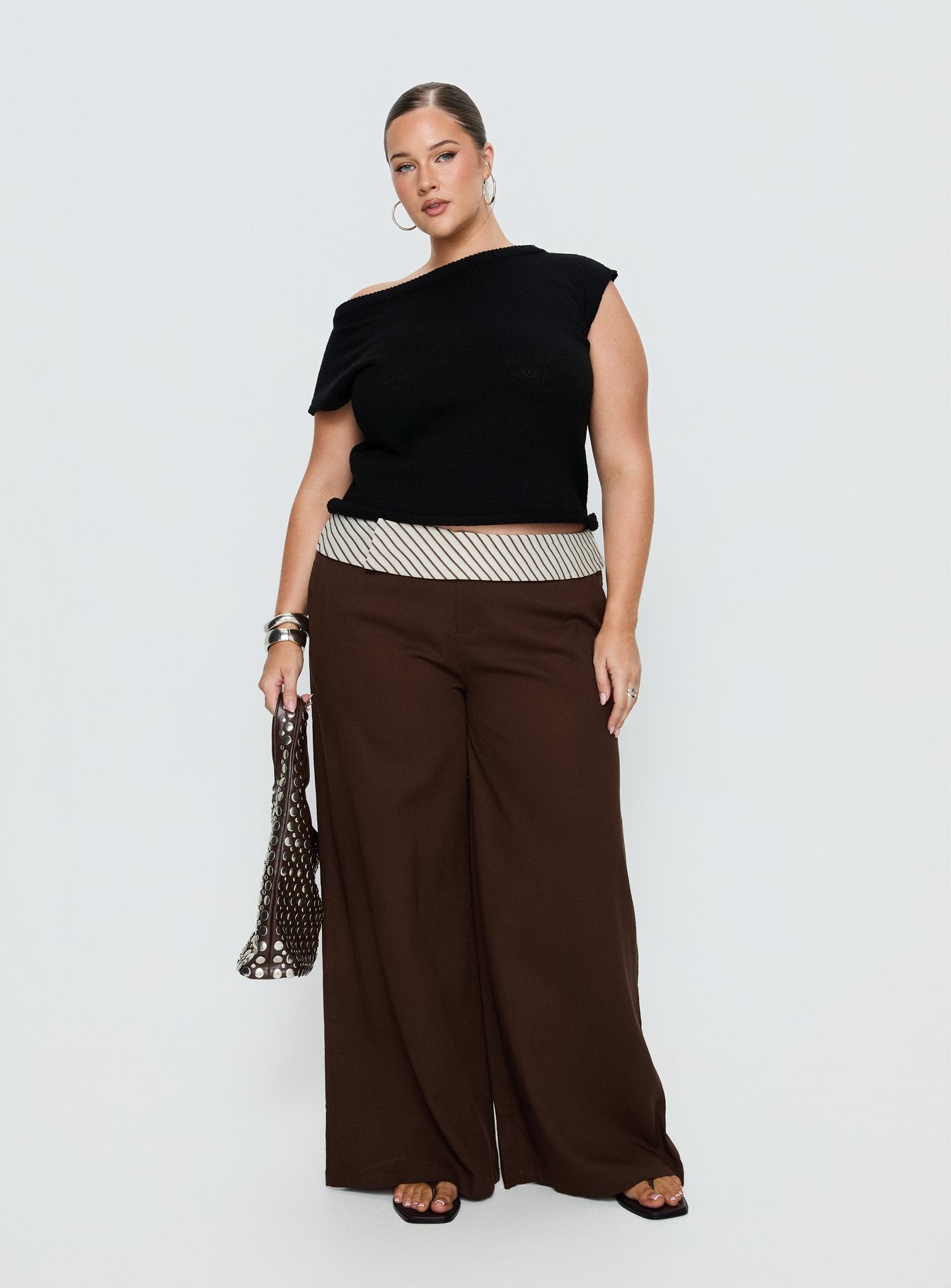 Past Life Fold Over Waistband Pant Brown / Stripe Curve - Image 3