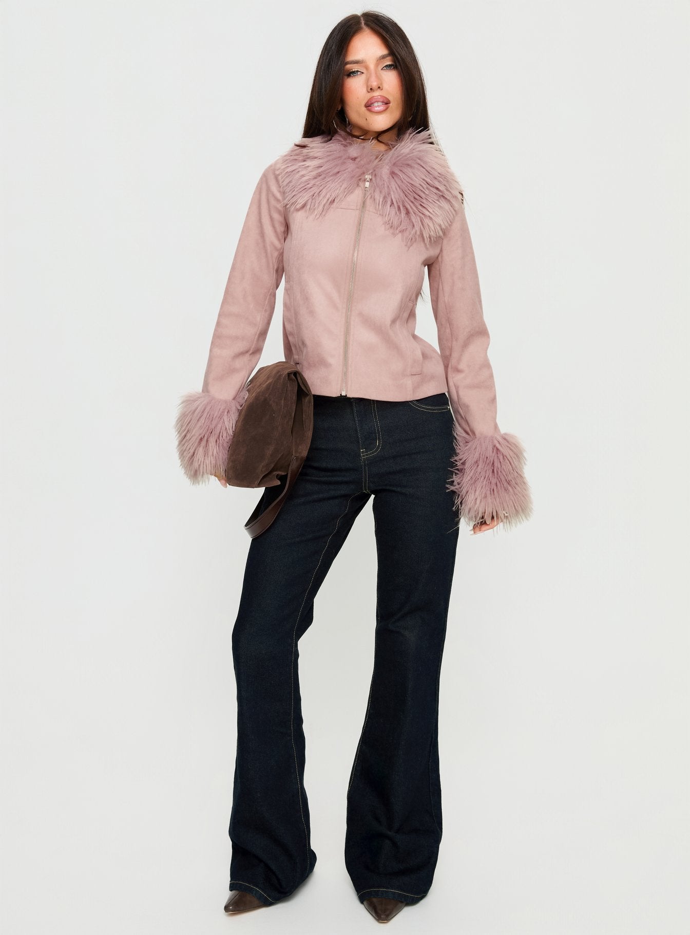 Jeanna Suede Faux Fur Detail Jacket Pink - Image 3