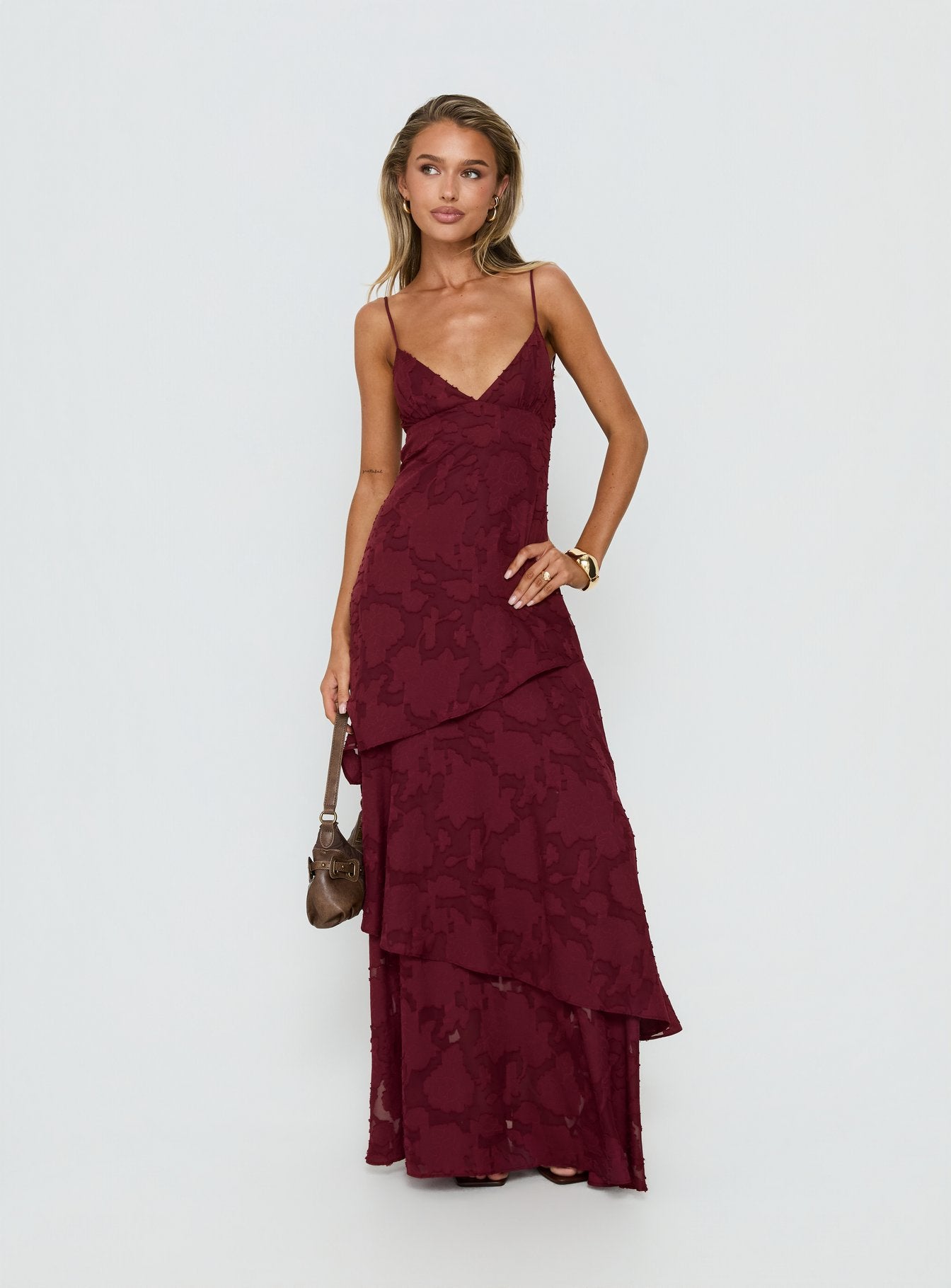 Lyricah Tiered Tie Back Maxi Dress Burgundy - Image 3