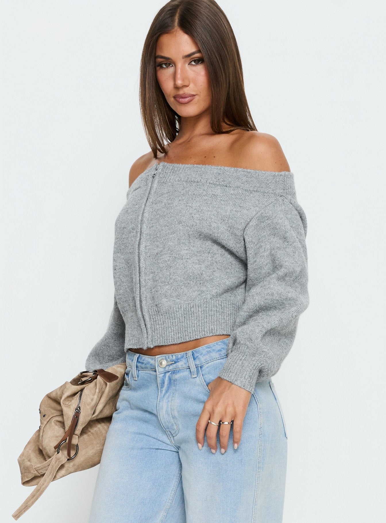 Ortensa Off Shoulder Zip Through Jumper Grey Marle - Image 3