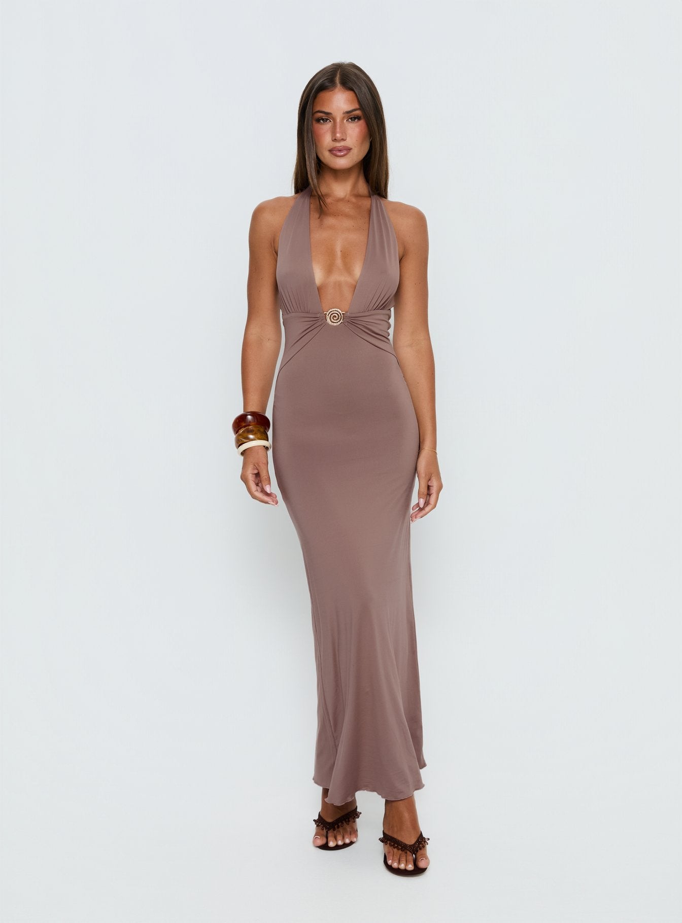 Alternative view of Naysana Halter Ruched Maxi Dress Mocha