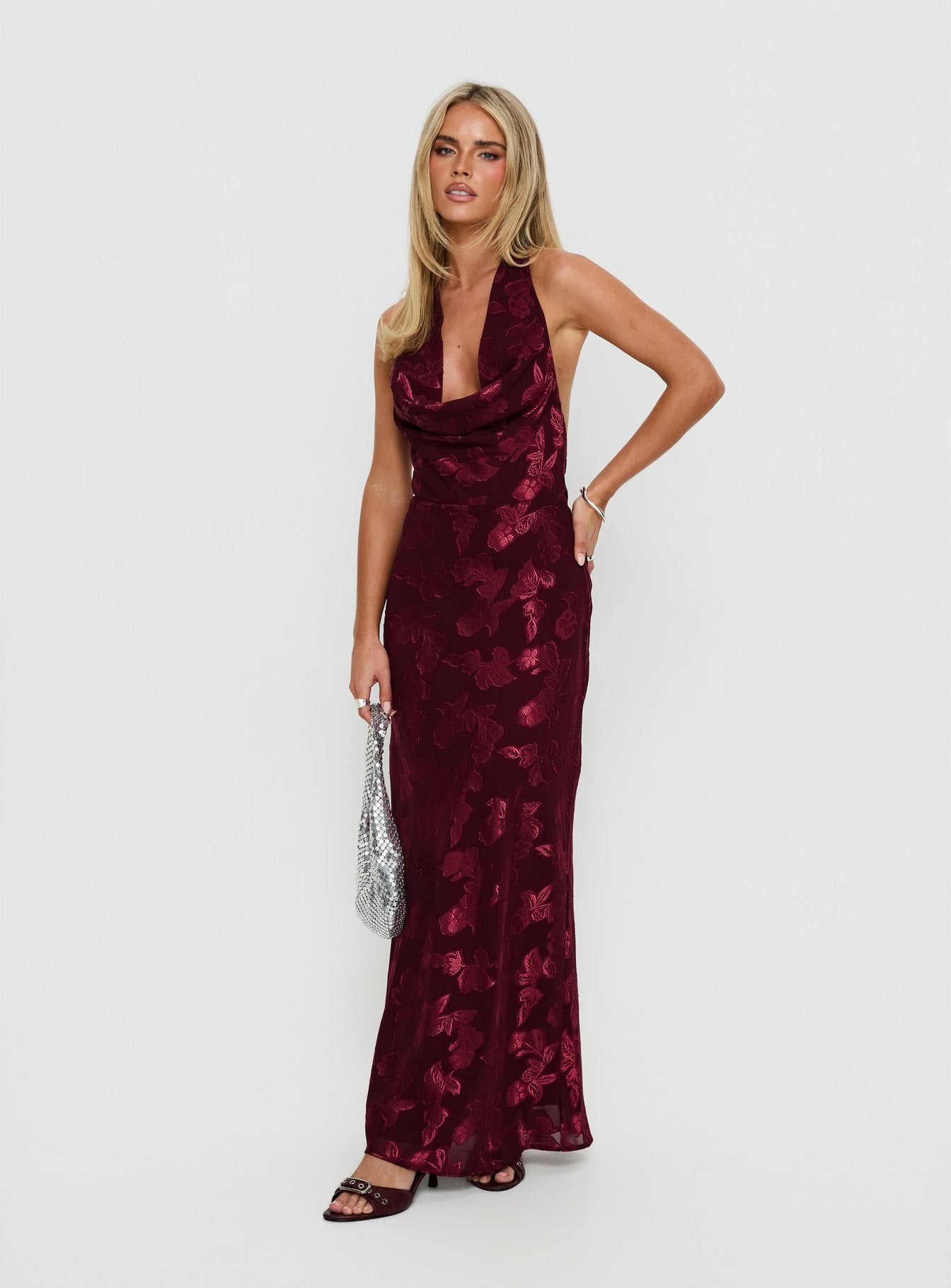 Alternative view of Jazminah Halter Cowl Neck Maxi Dress Burgundy
