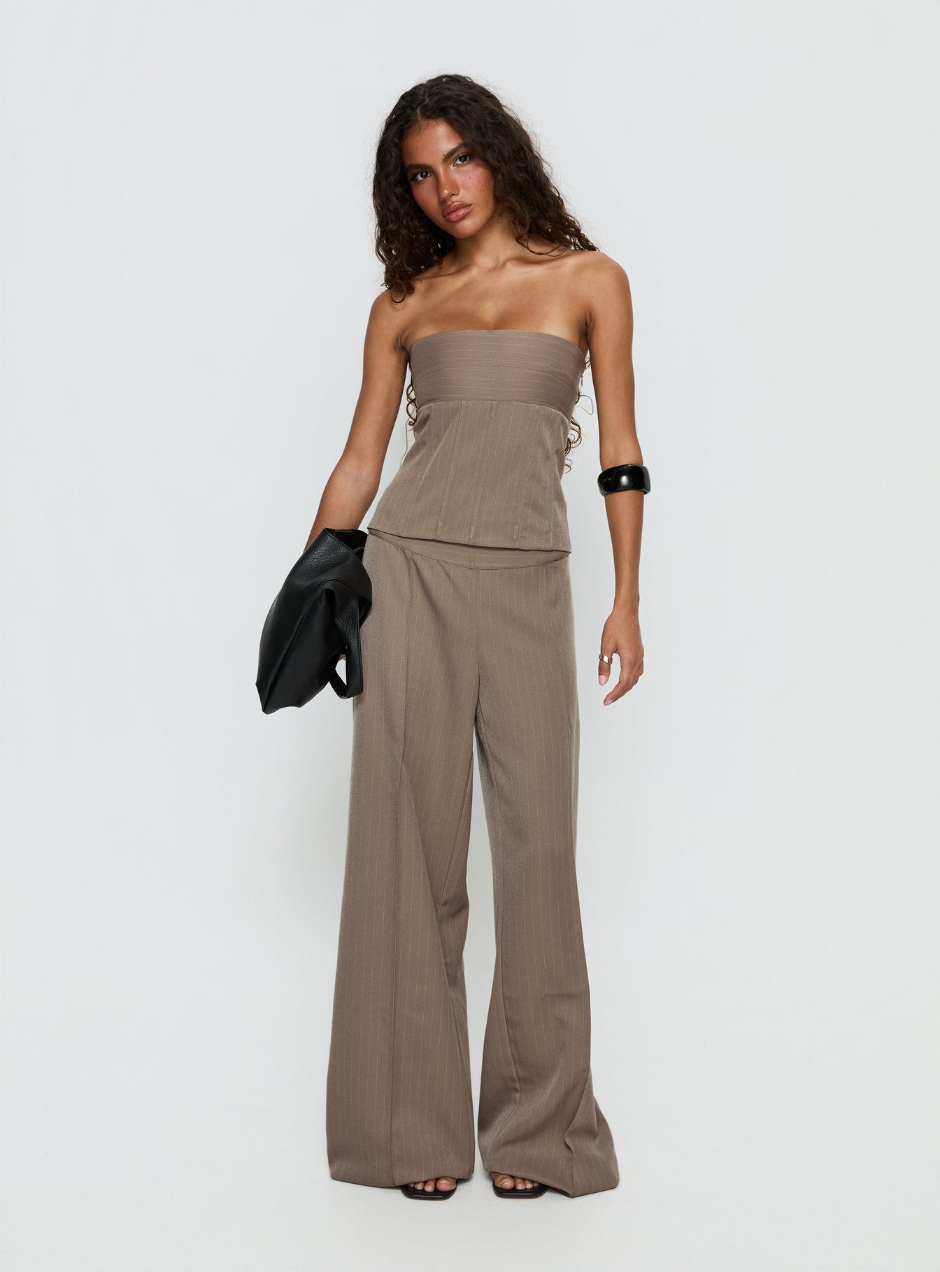 Madelle Mid Rise Straight Leg Pants Brown Pinstripe - Image 3