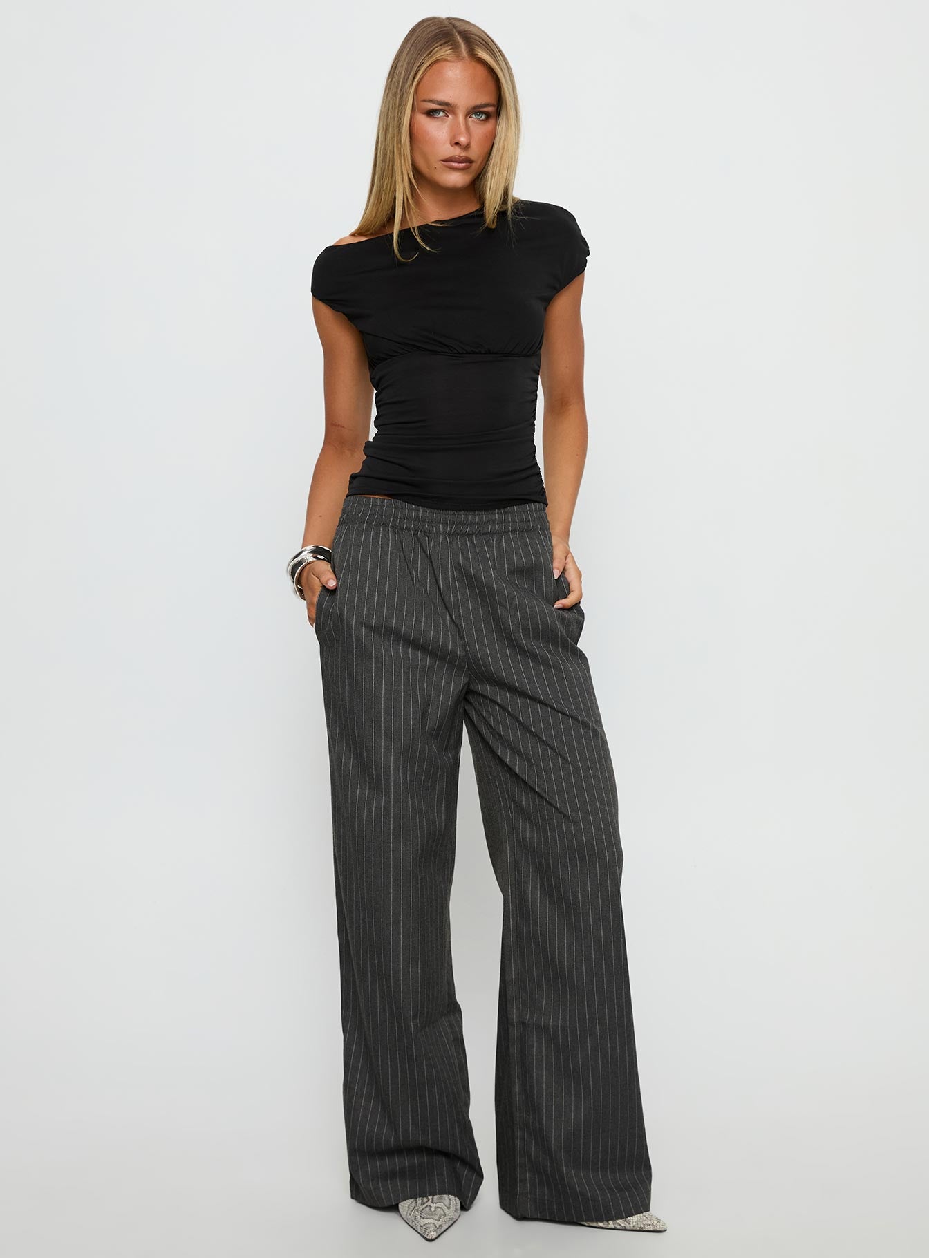 Alternative view of Jaysa Baggy Wide Leg Pant Grey Pinstripe