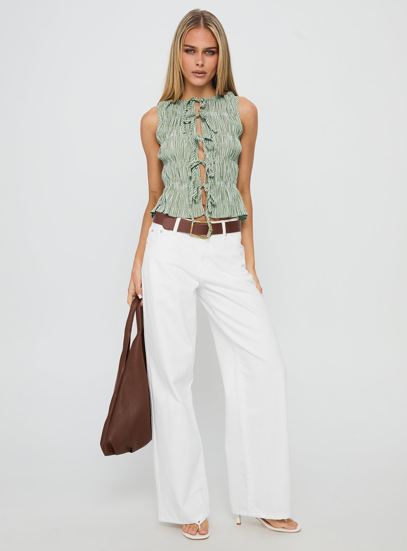 Apero Shirred Tie Front Top Green / White Stripe - Image 3