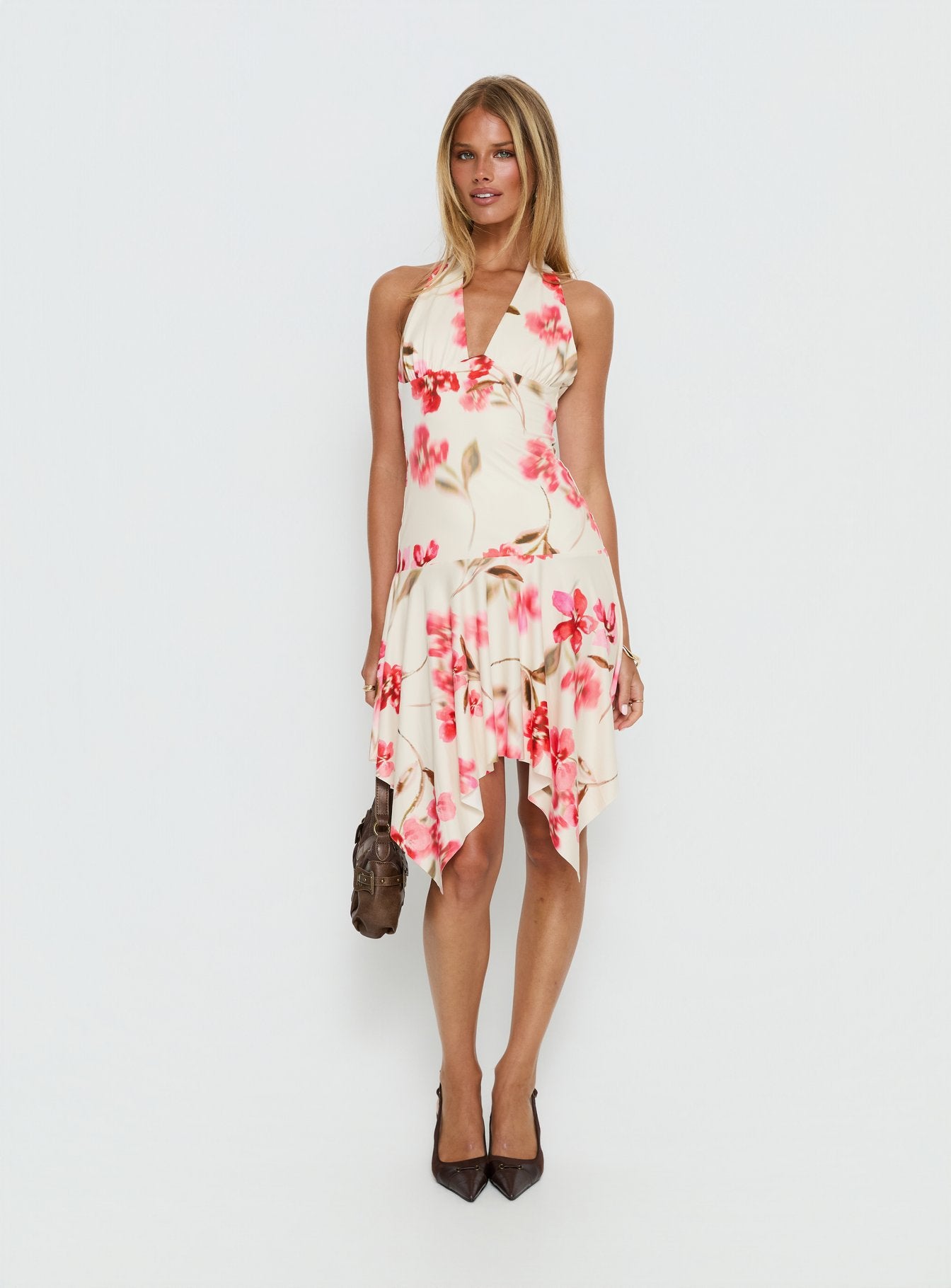 Loreza Halter Asymmetrical Midi Dress Cream Floral - Image 3