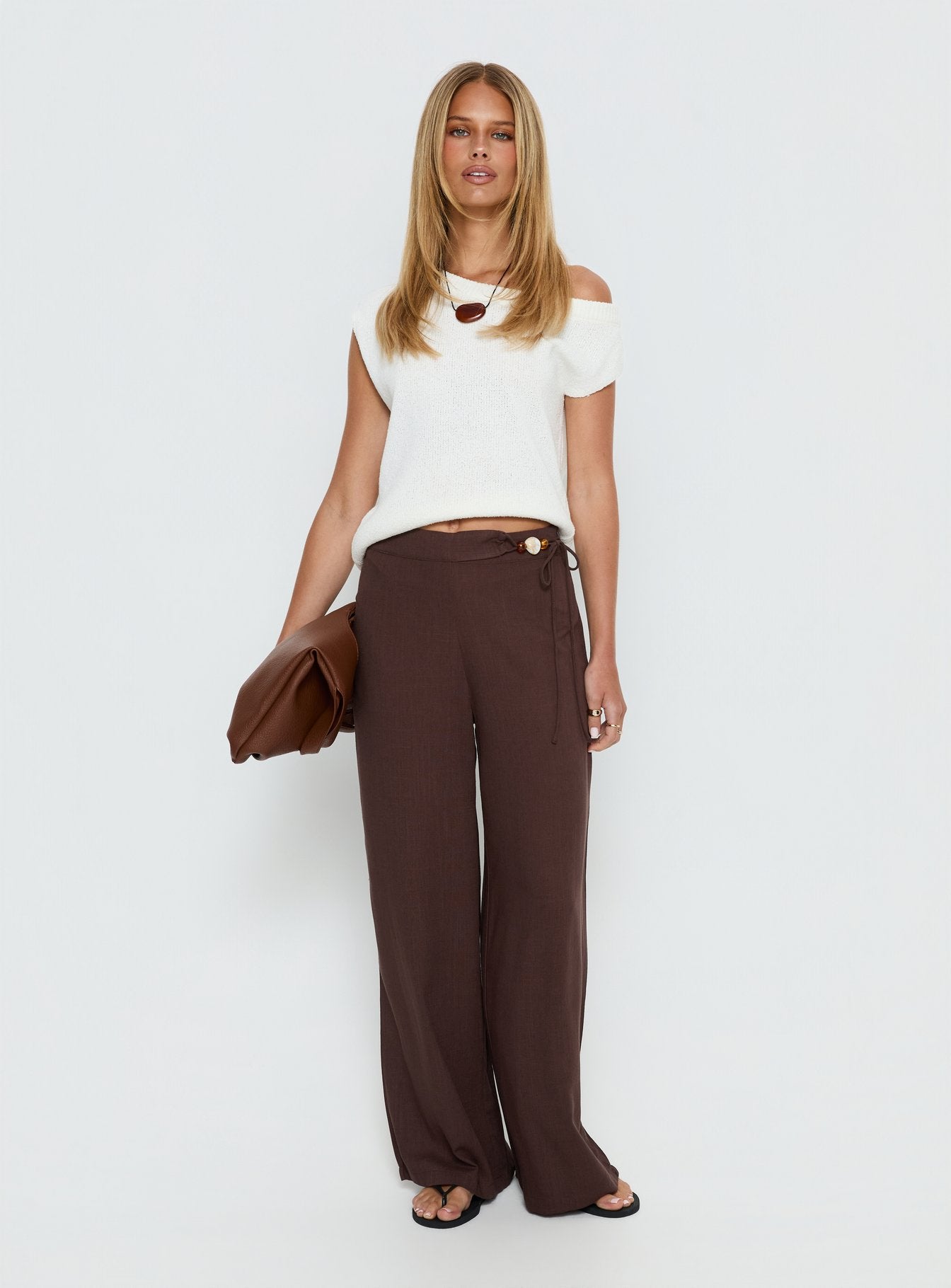 Alternative view of Pine For You Bead Detail Linen Pant Brown