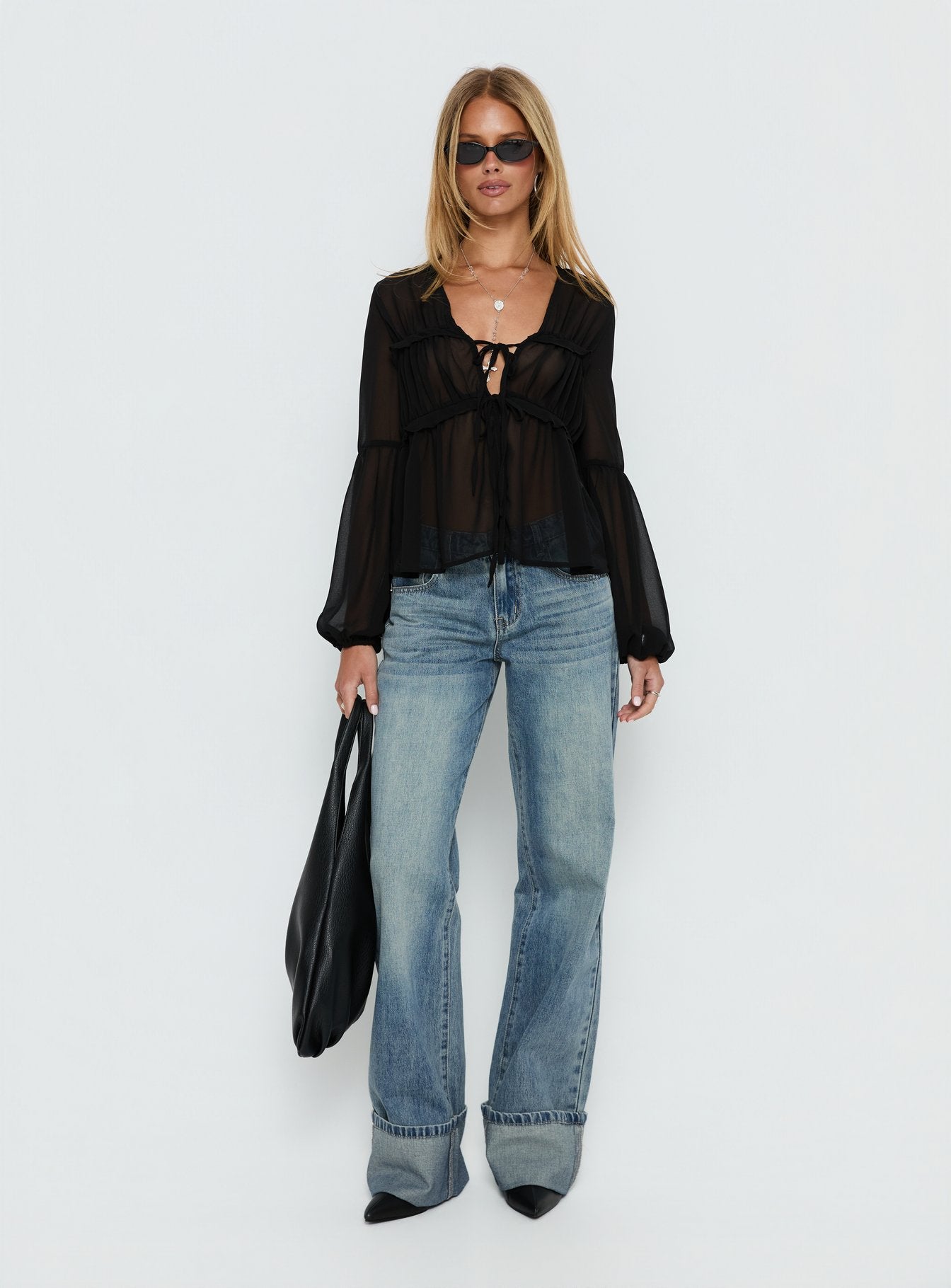Alternative view of Palapa Tie Detail Sheer Long Sleeve Top Black