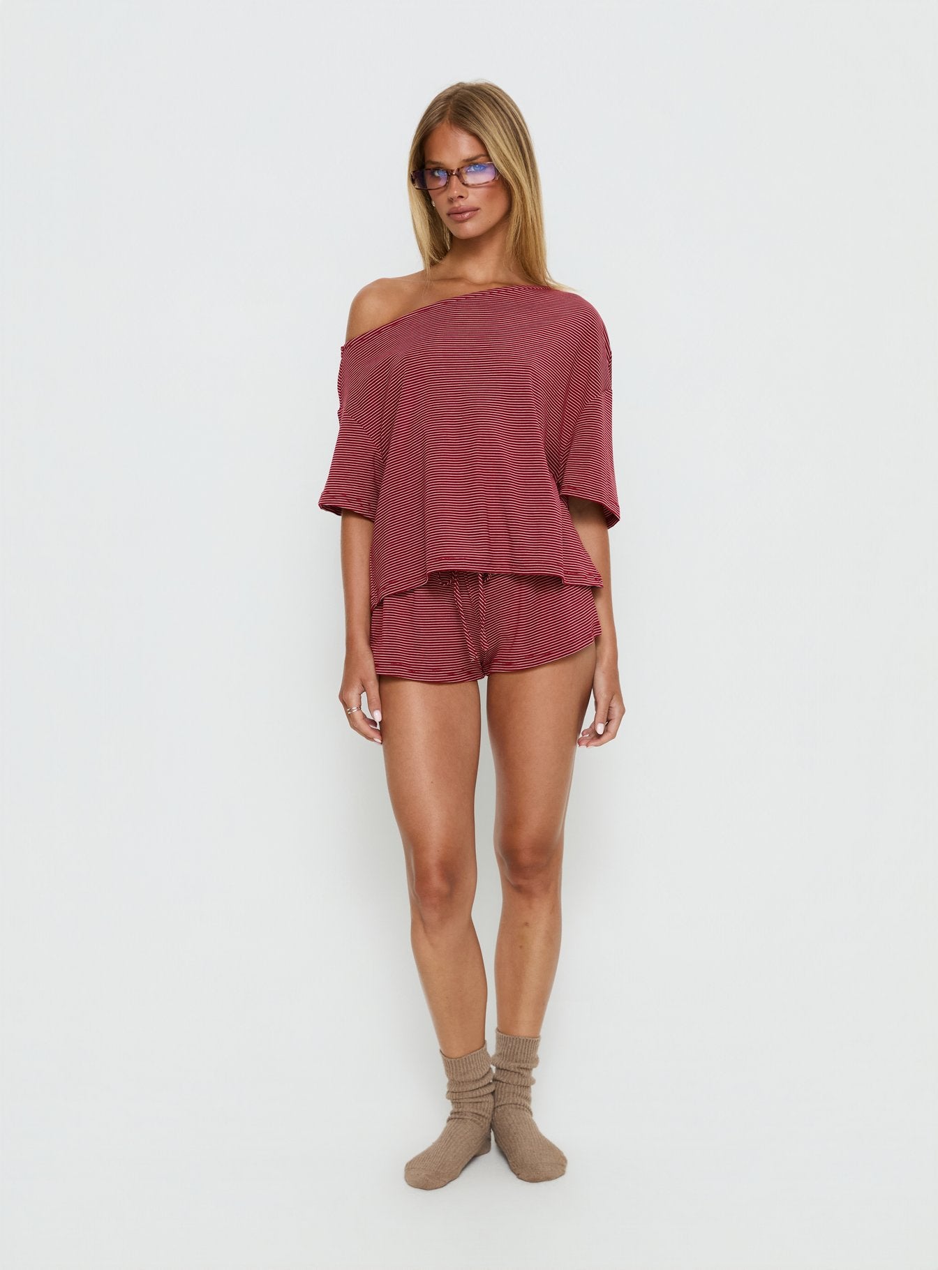 Sugar Surge Off Shoulder Sleep Top Cherry Stripe - Image 3