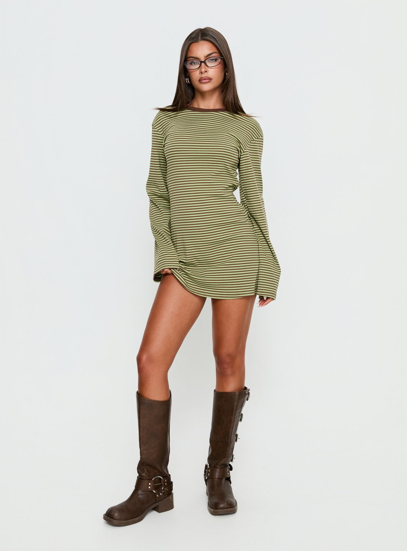 Lulolah Long Sleeve Mini Dress Green / Chocolate Stripe - Image 3
