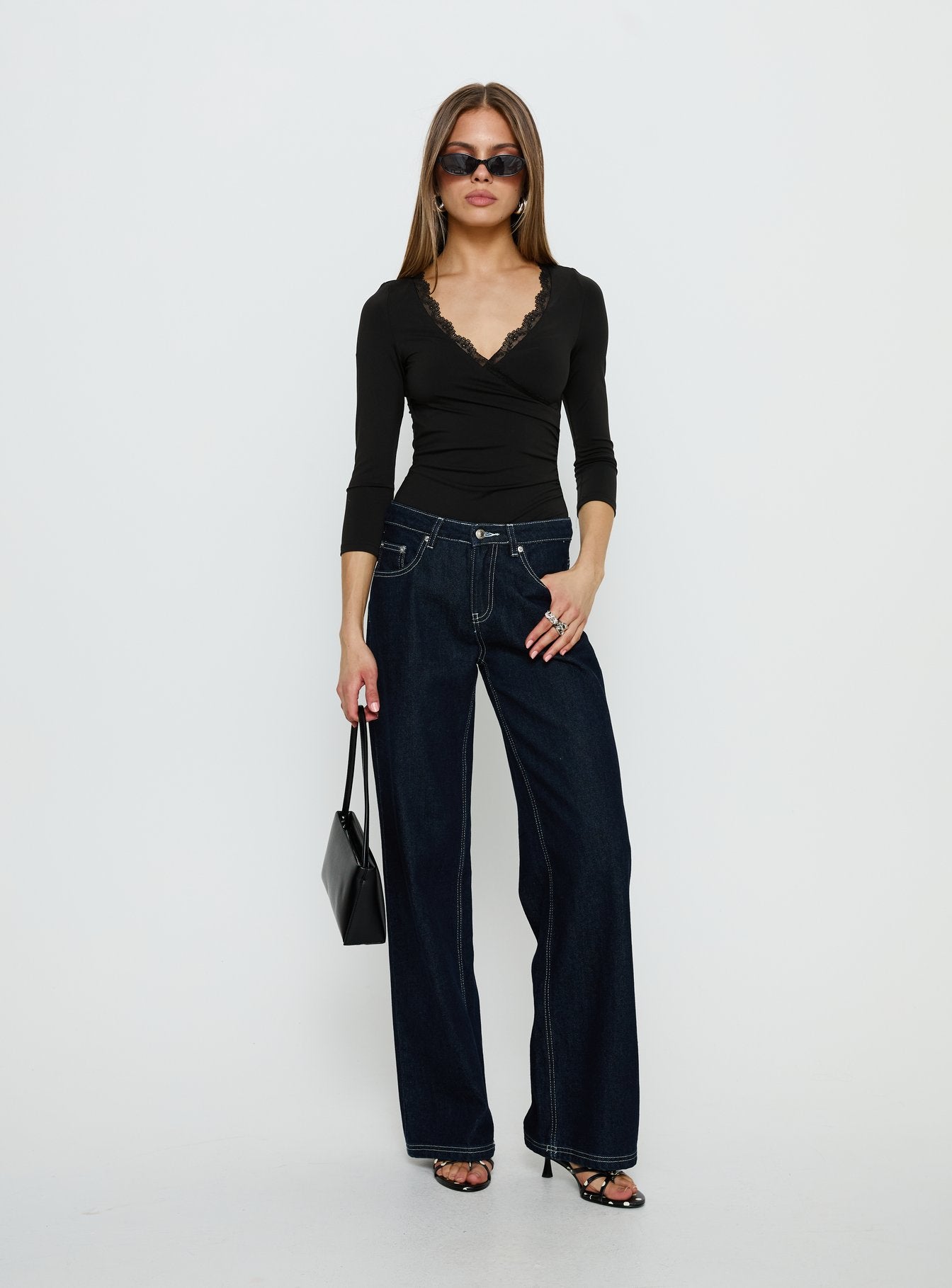 Alternative view of Lyselle Wrap Detail 3/4 Sleeve Bodysuit Black