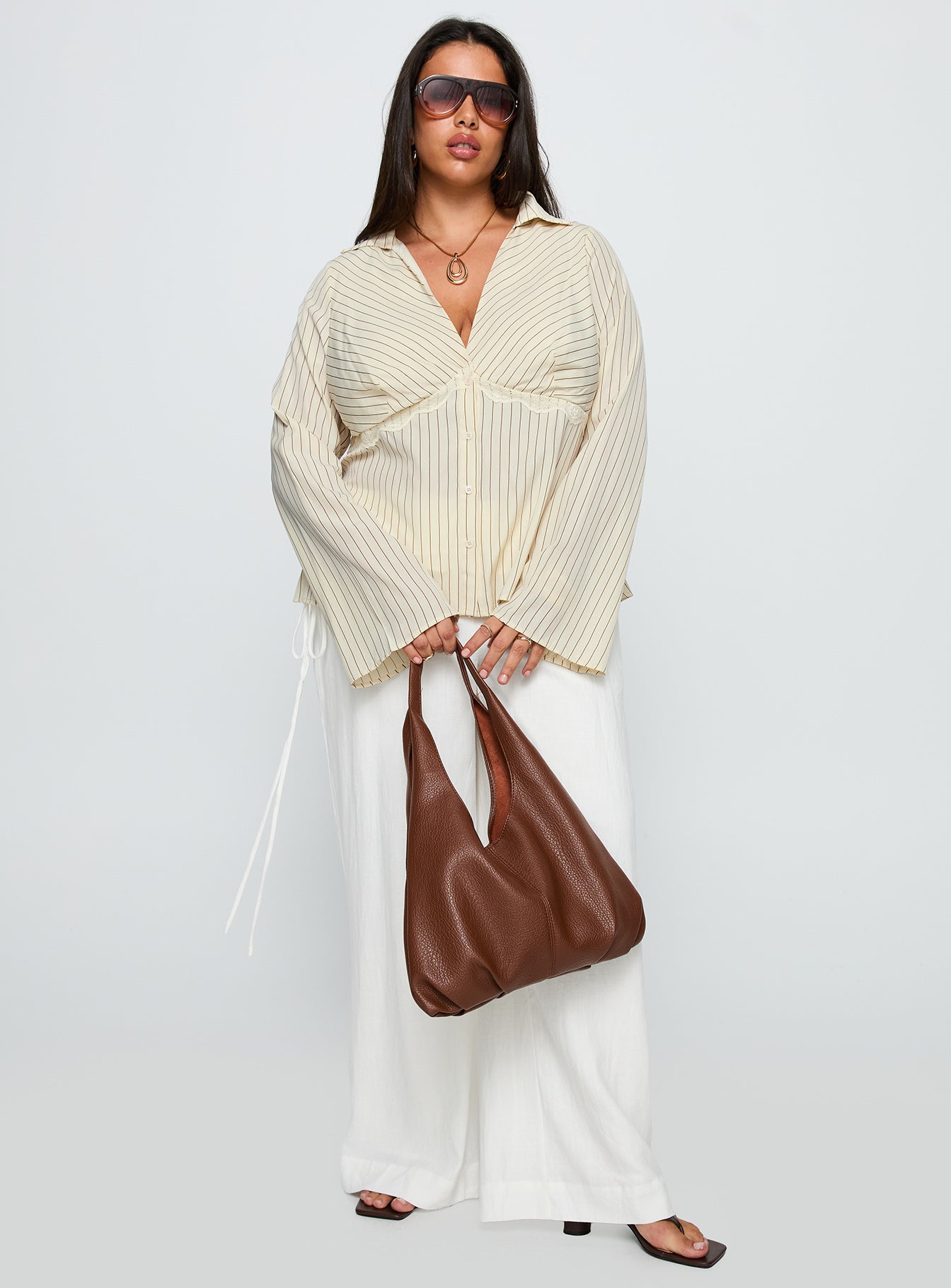 Life Begins Long Sleeve Lace Trim Top Cream Stripe Curve - Image 3