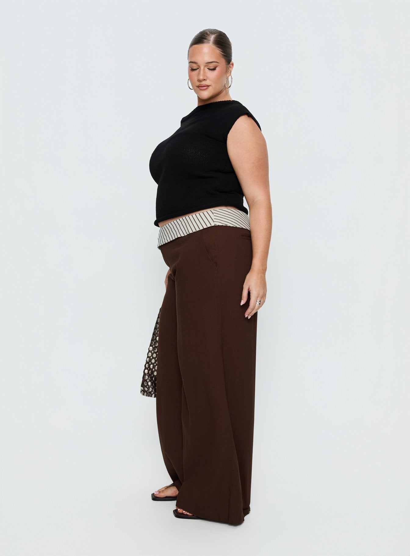 Past Life Fold Over Waistband Pant Brown / Stripe Curve - Image 4
