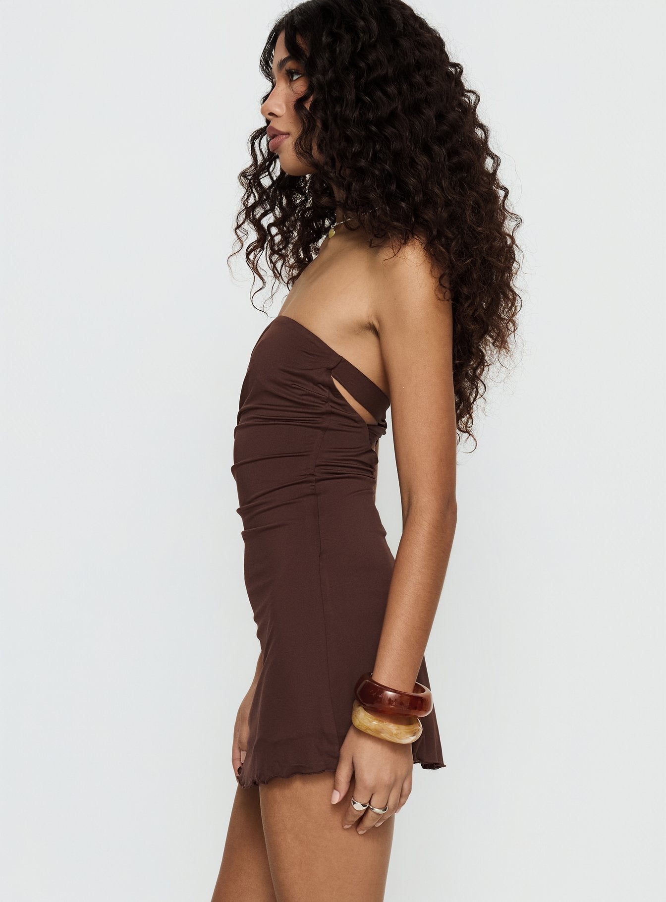 Mykah Strapless Ruched Mini Dress Brown - Image 3