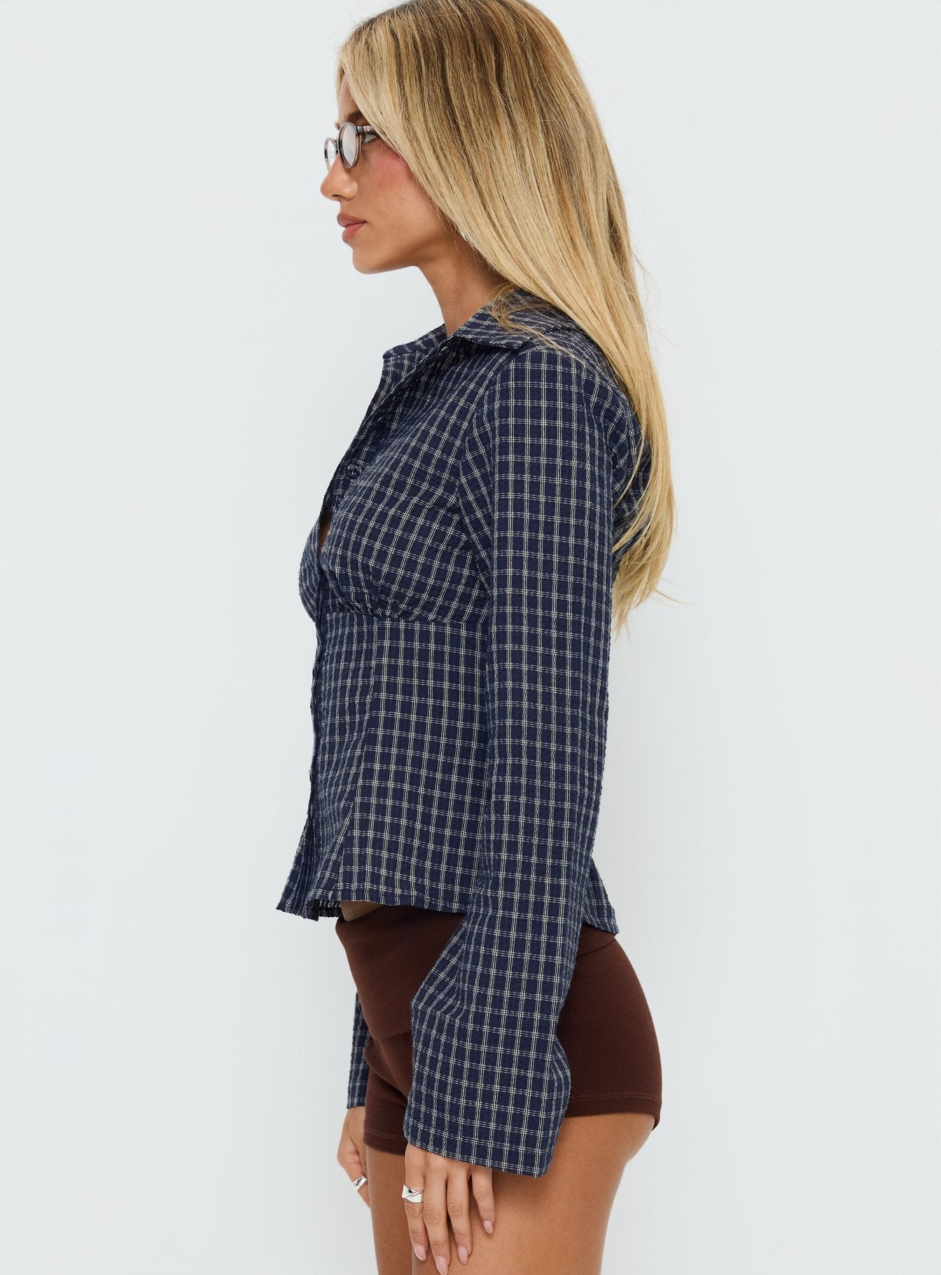 Cottesloe Long Sleeve Blouse Top Navy Check - Image 4