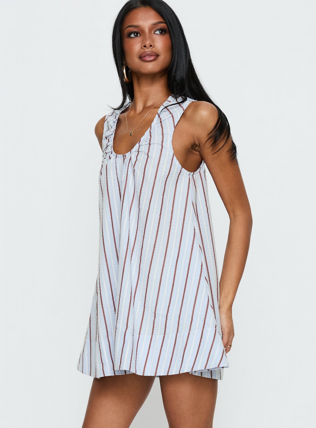 Eberta Ruched Baby Doll Mini Dress Blue Stripe - Image 3