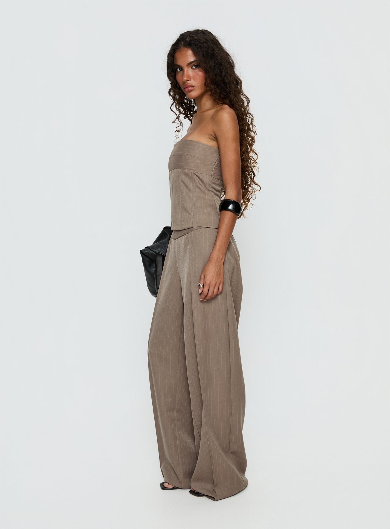 Madelle Mid Rise Straight Leg Pants Brown Pinstripe - Image 4
