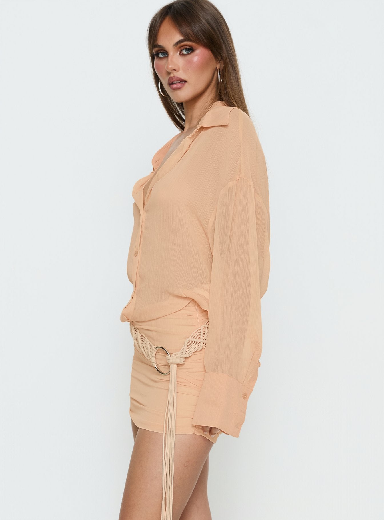 Moonrising Long Sleeve Sheer Blouson Mini Dress Soft Orange - Image 4