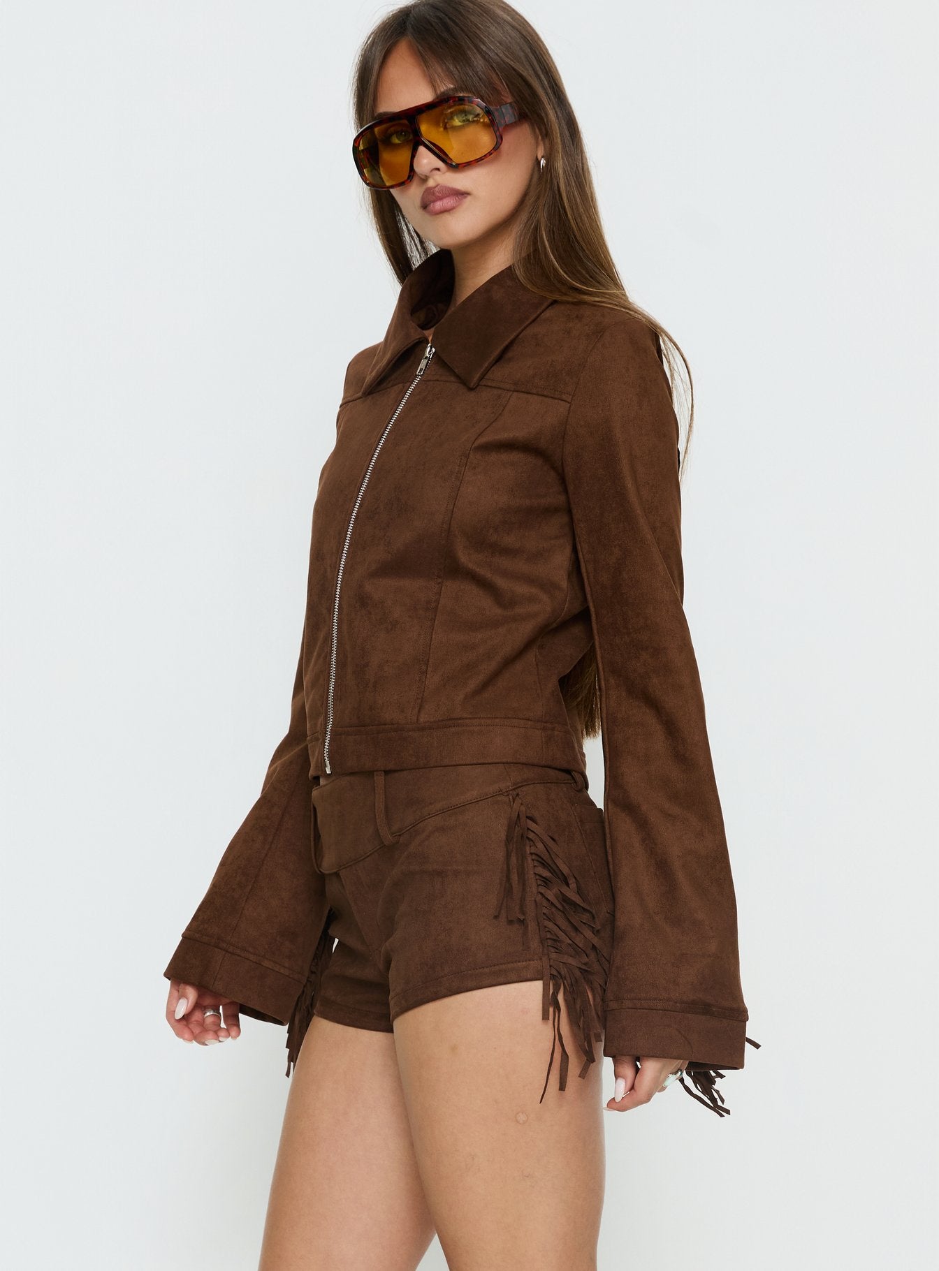 Dakohda Faux Suede Fringe Micro Short Chocolate Brown - Image 4