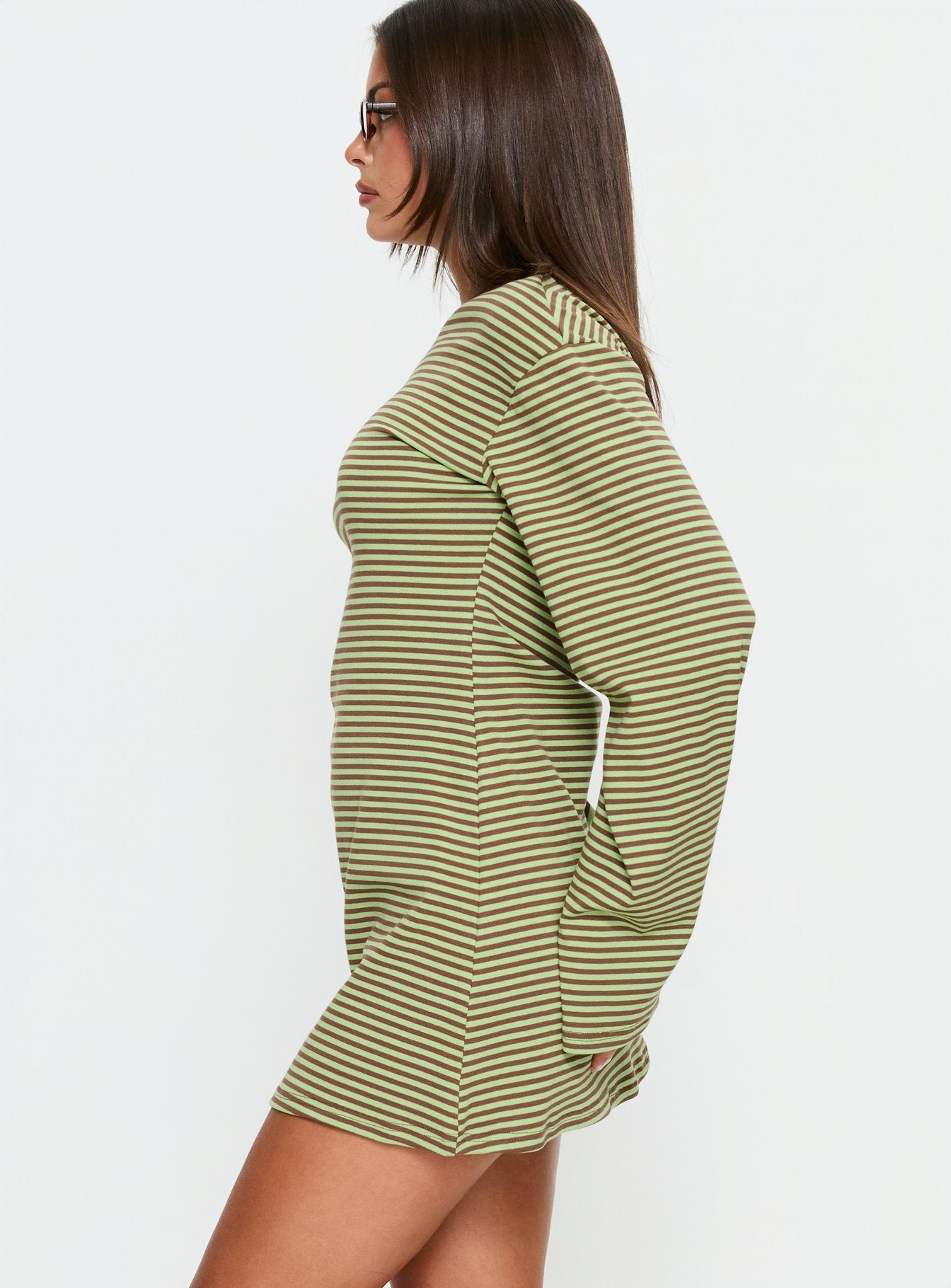 Lulolah Long Sleeve Mini Dress Green / Chocolate Stripe - Image 4