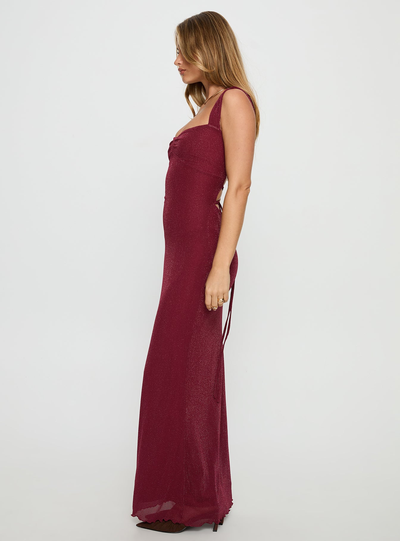 Crisanto Tie Up Ruched Maxi Dress Burgundy - Image 4