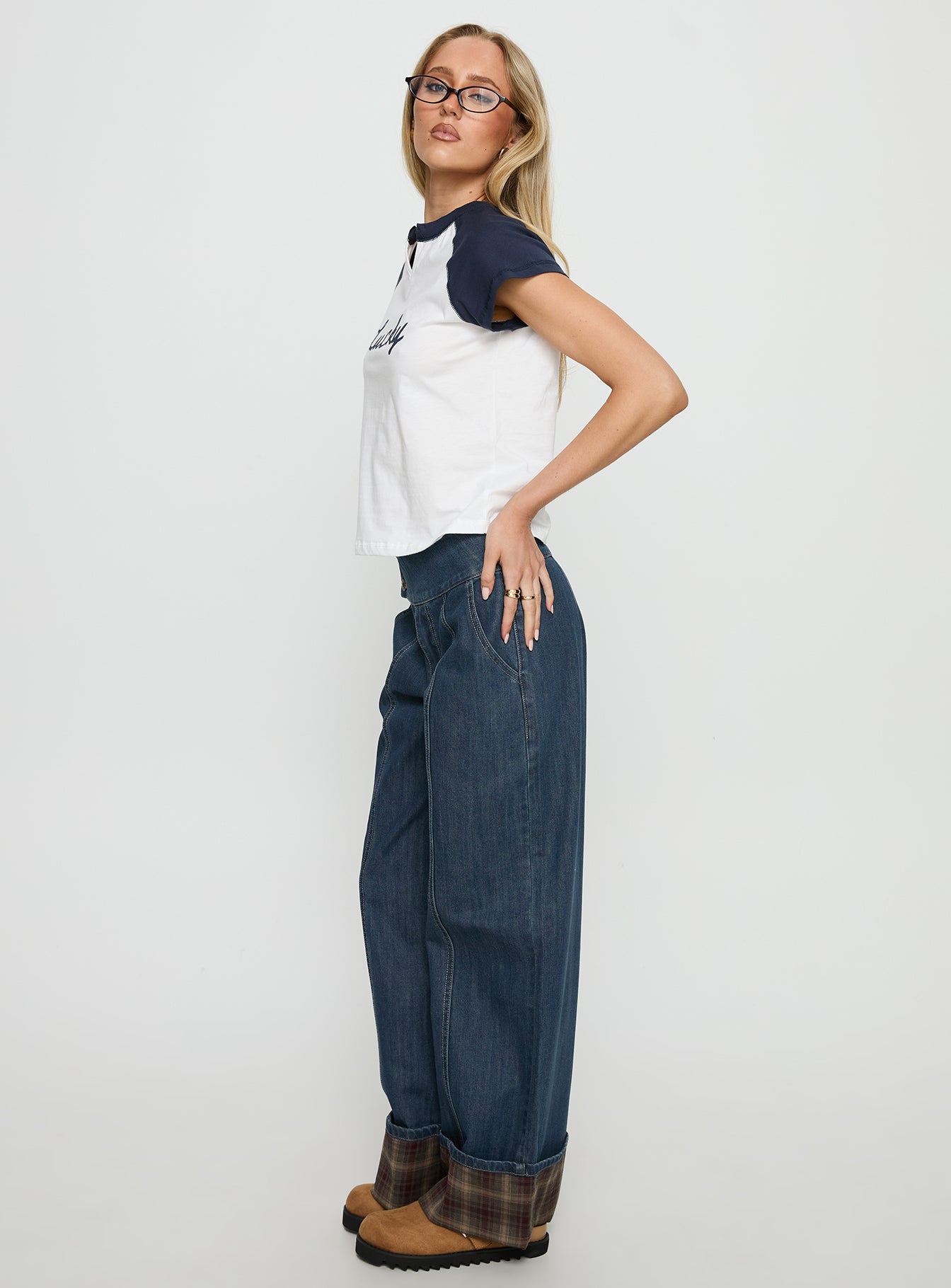Nikoletta Foldover Jeans Dark Wash / Check - Image 4