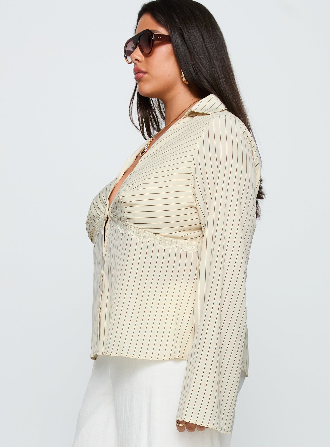 Life Begins Long Sleeve Lace Trim Top Cream Stripe Curve - Image 4