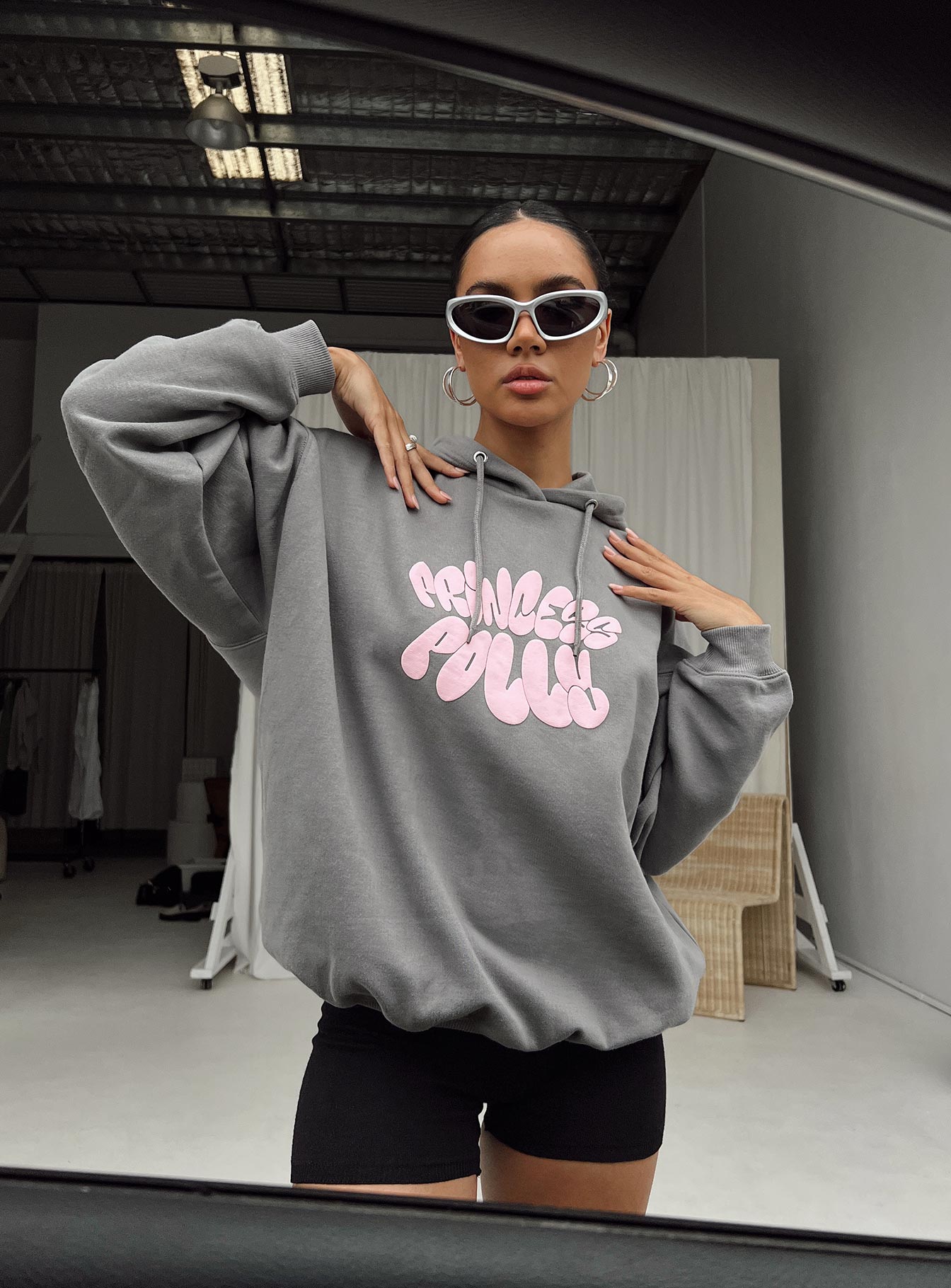 Alternative view of Princess Polly Hooded Sweatshirt Bubble Text Charcoal / Light Pink
