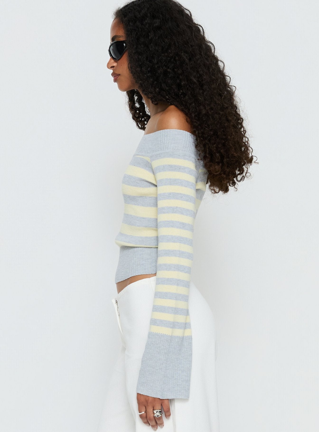 Perrey Long Sleeve Off Shoulder Top Knit Yellow / Grey Stripe - Image 4