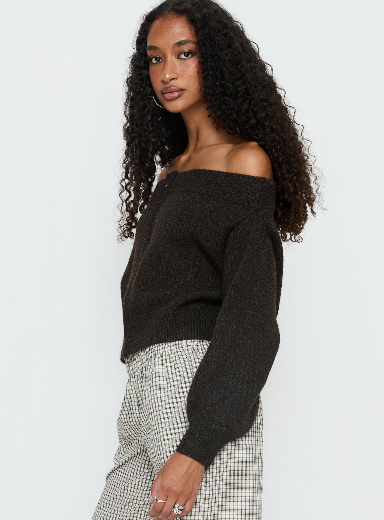 Ortensa Off Shoulder Zip Through Jumper Brown - Image 4