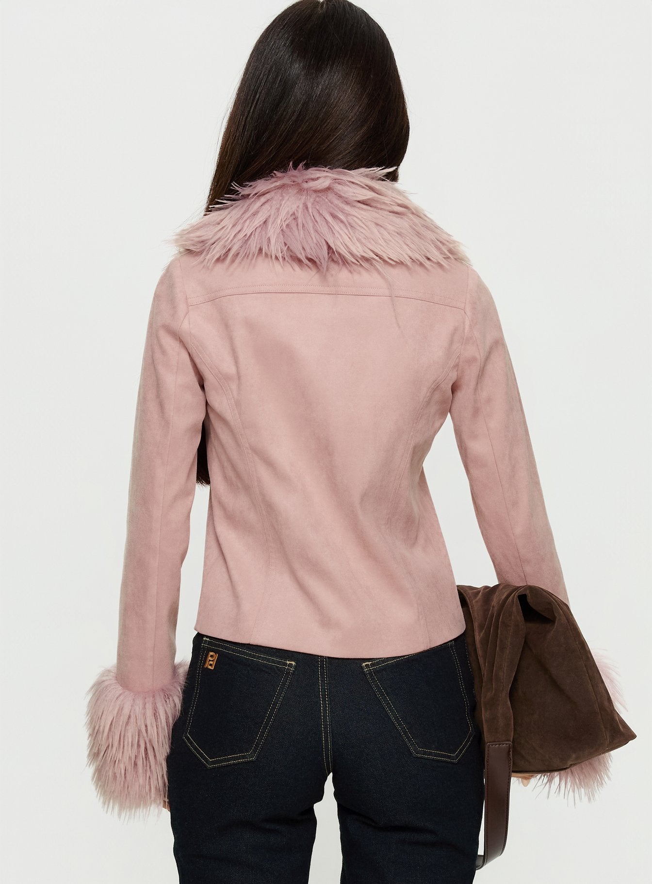 Jeanna Suede Faux Fur Detail Jacket Pink - Image 5