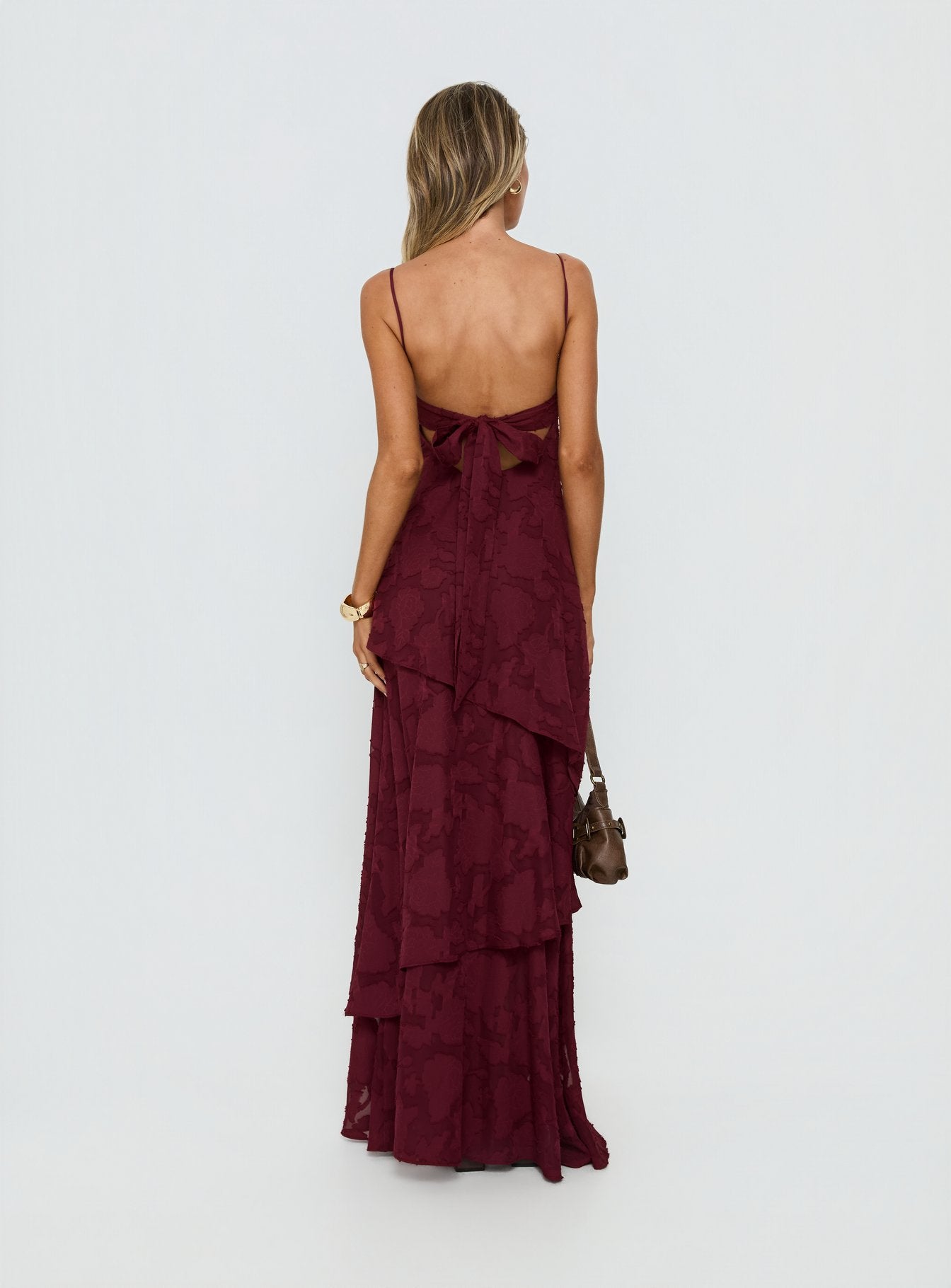 Lyricah Tiered Tie Back Maxi Dress Burgundy - Image 5