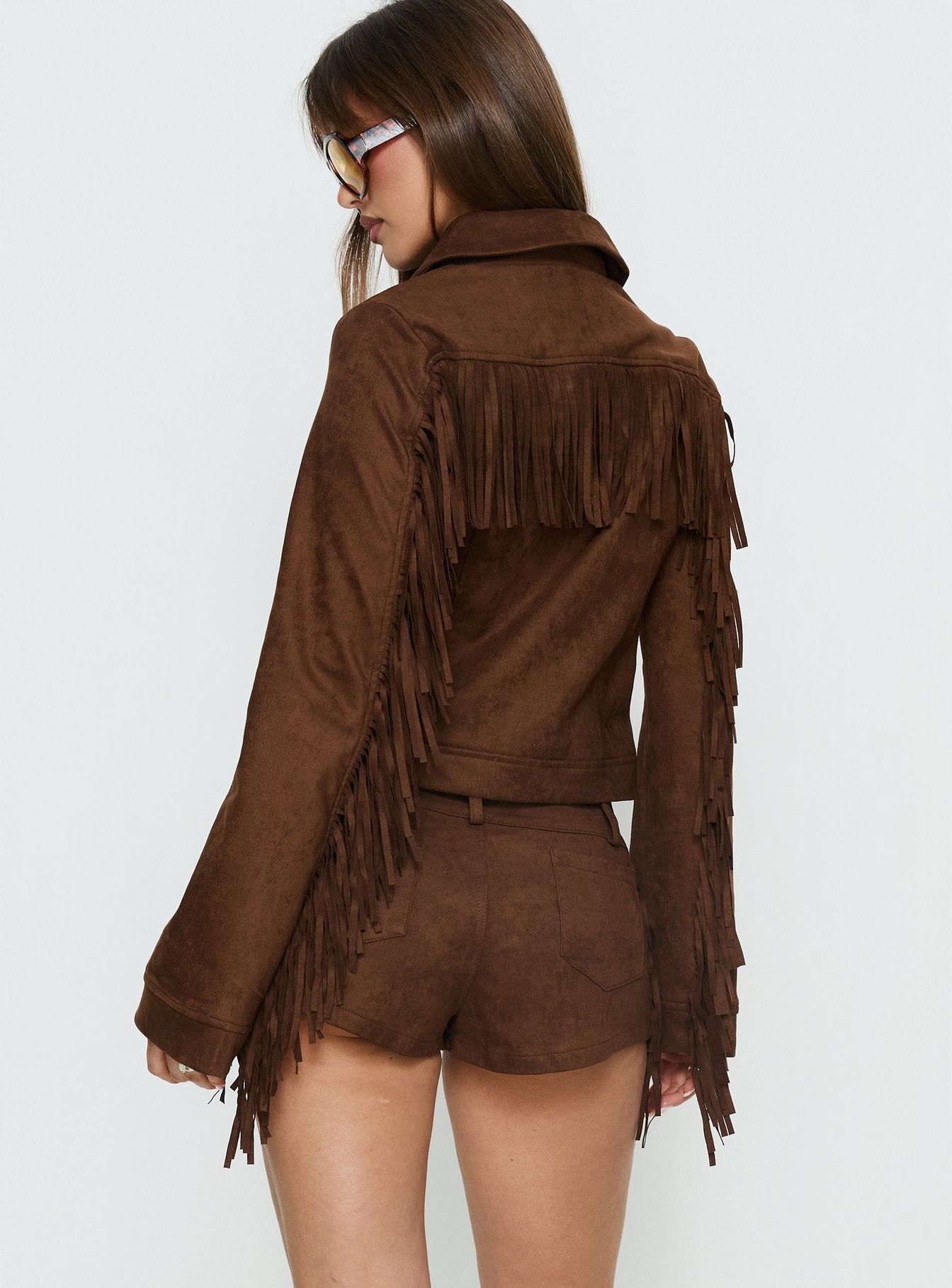 Dakohda Faux Suede Fringe Micro Short Chocolate Brown - Image 5
